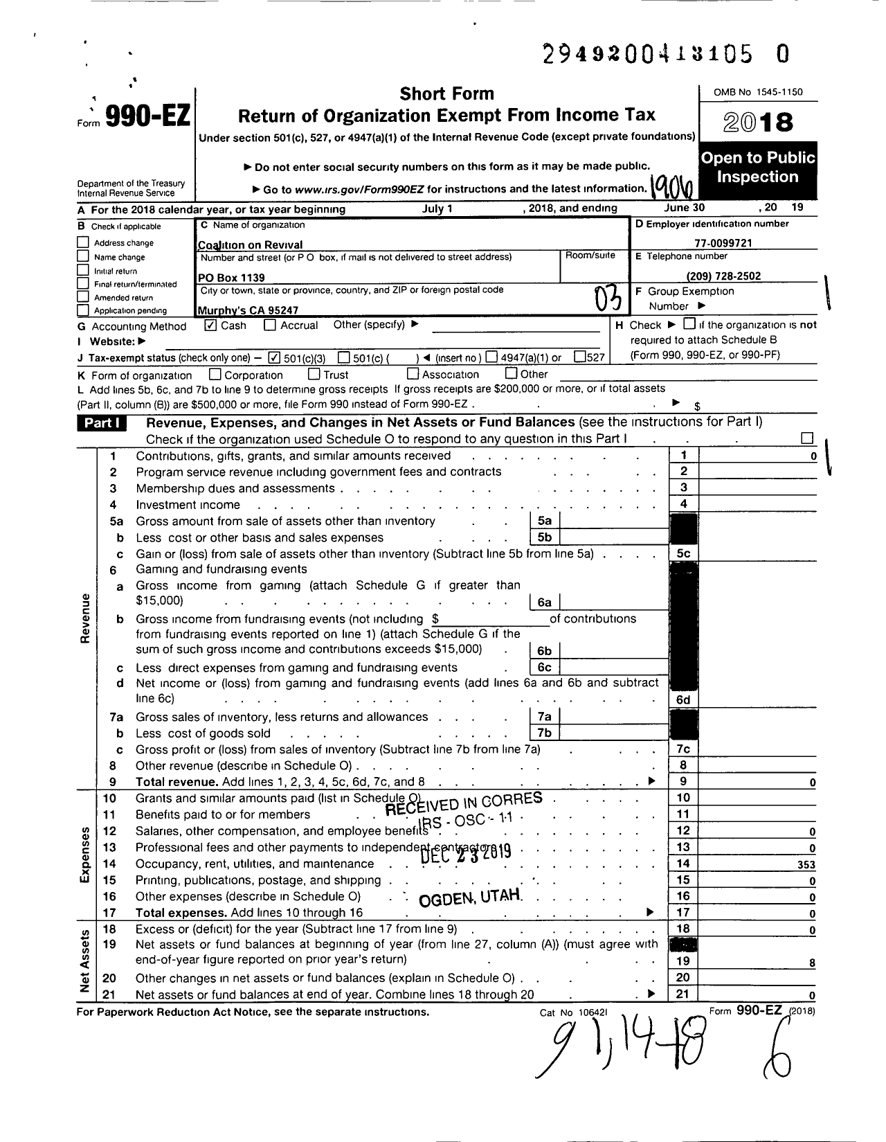 Image of first page of 2018 Form 990EZ for Coalition on Revival