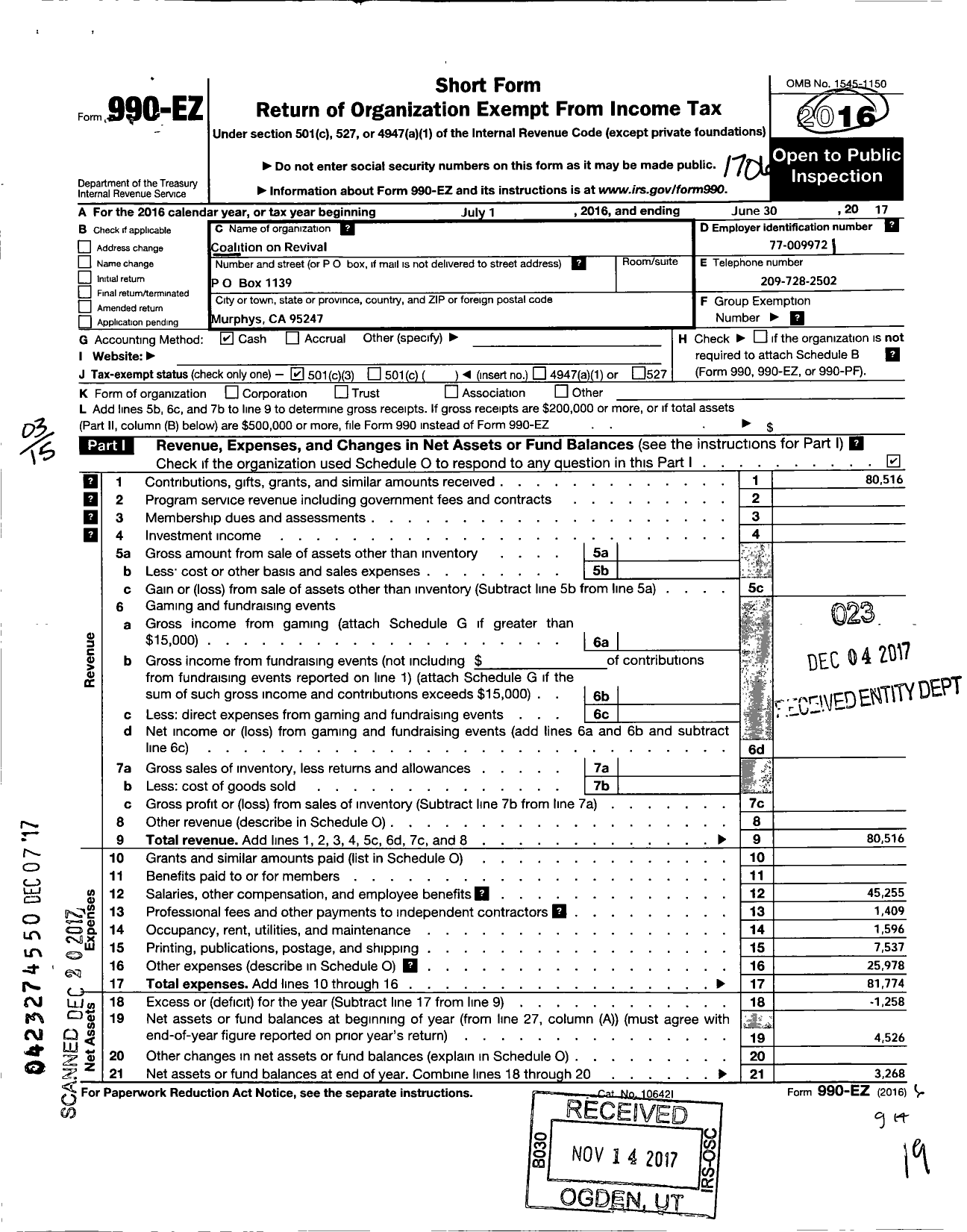 Image of first page of 2016 Form 990EZ for Coalition on Revival