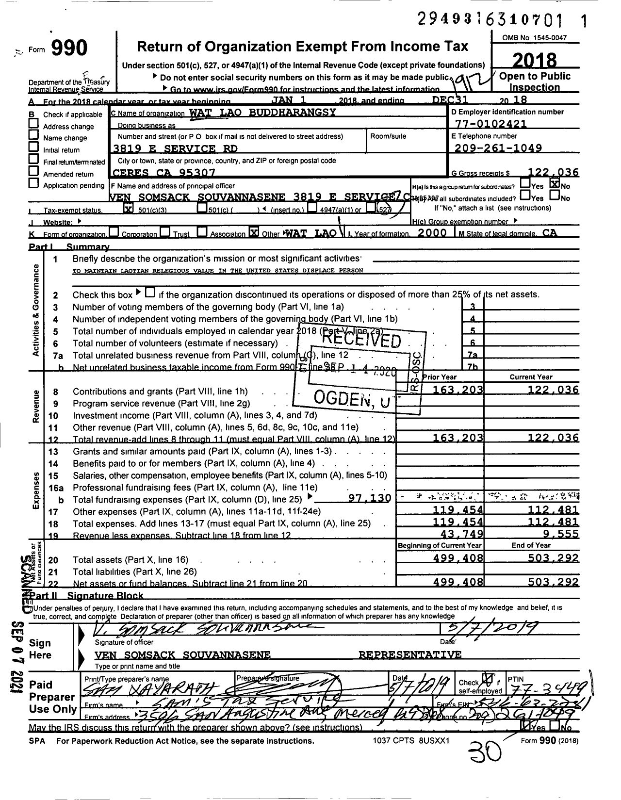 Image of first page of 2019 Form 990 for Wat Lao Buddharangsy