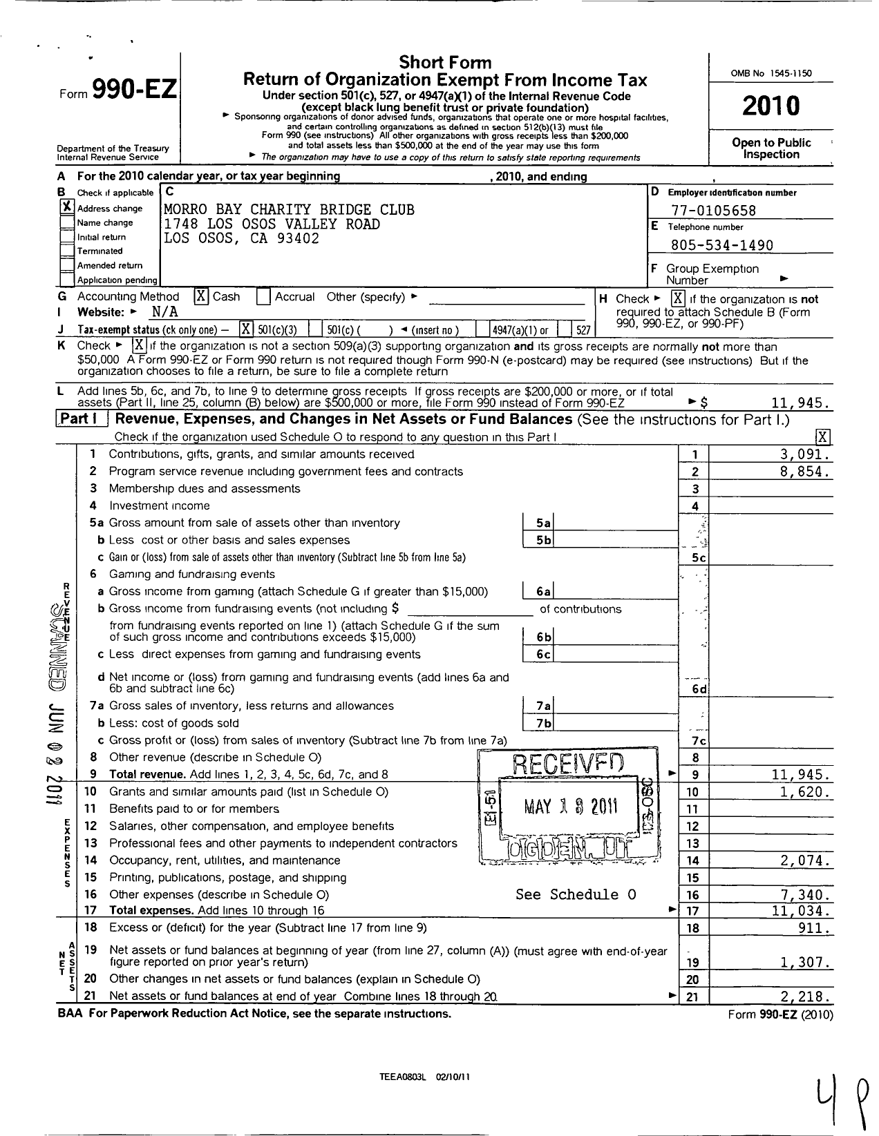 Image of first page of 2010 Form 990EZ for Morro Bay Charity Bridge Club