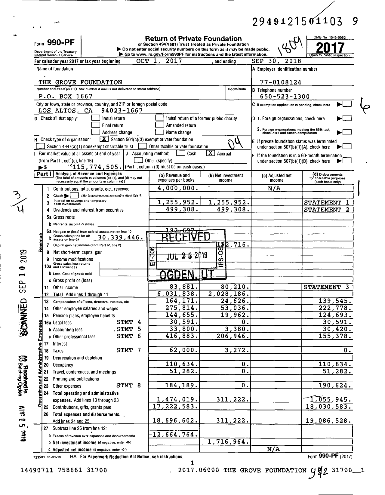 Image of first page of 2017 Form 990PF for The Grove Foundation
