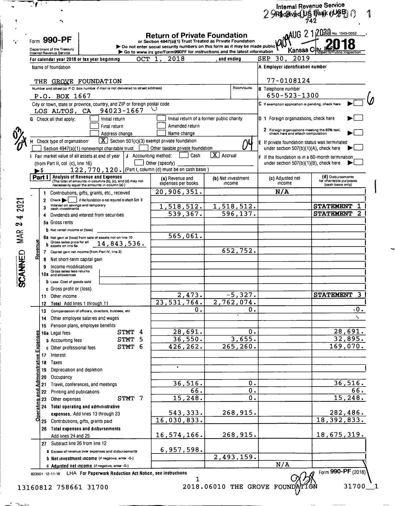 Image of first page of 2018 Form 990PF for The Grove Foundation