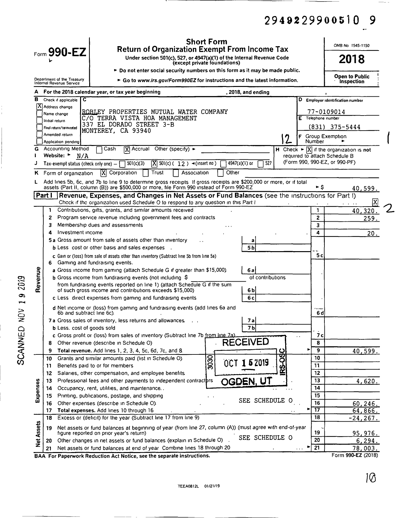 Image of first page of 2018 Form 990EO for Robley Properties Mutual Water Company