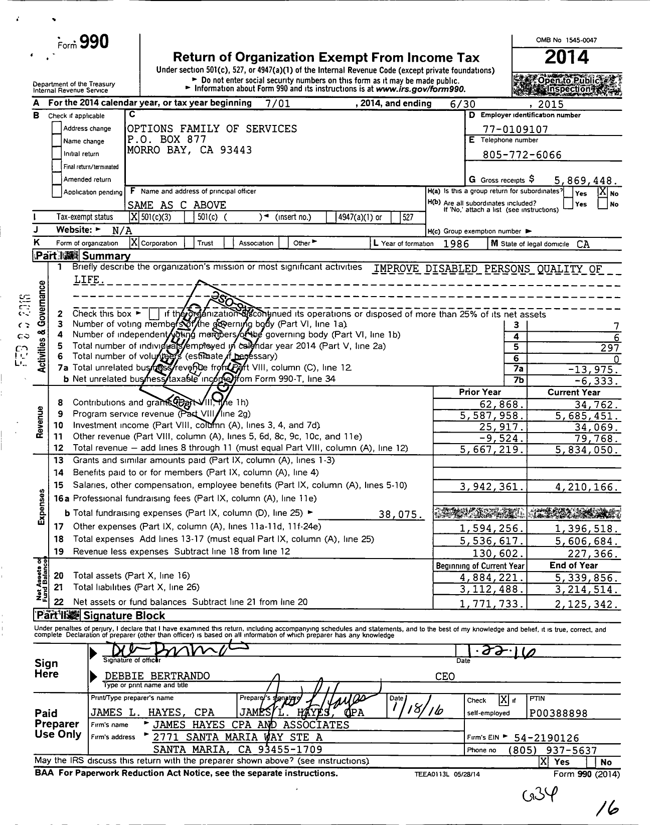 Image of first page of 2014 Form 990 for Options Family of Services
