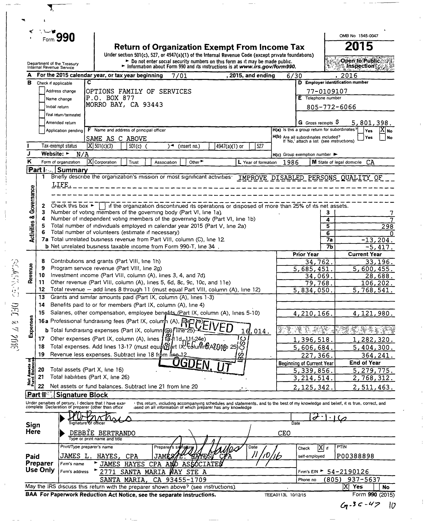 Image of first page of 2015 Form 990 for Options Family of Services