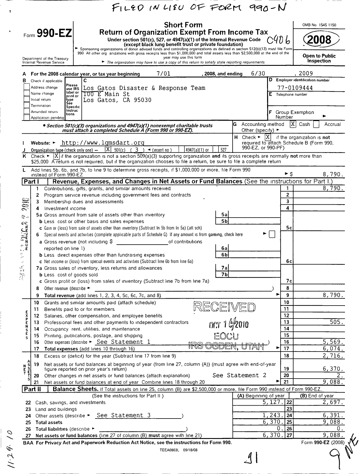 Image of first page of 2008 Form 990EZ for Los Gatos Disaster Aid Response Team