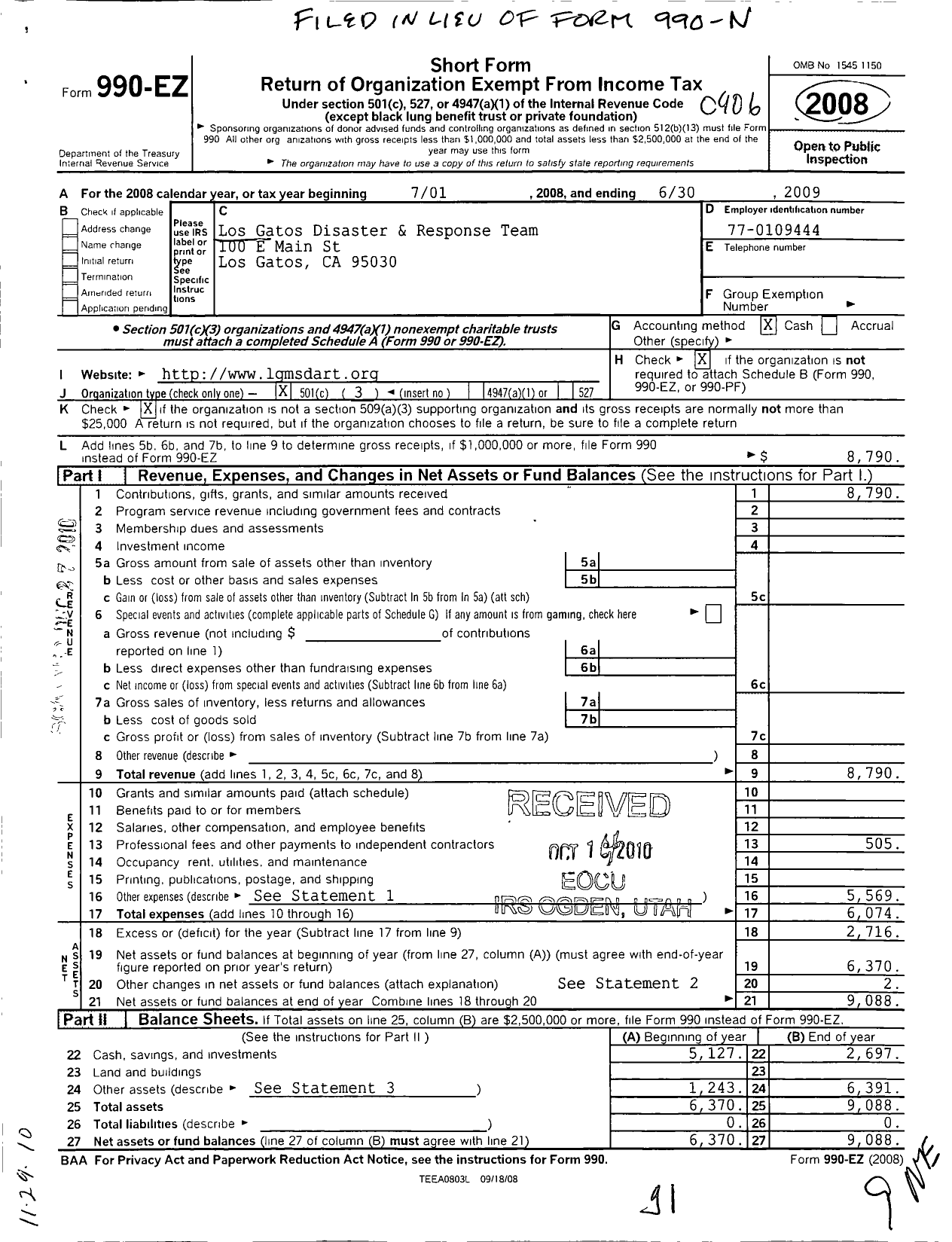 Image of first page of 2008 Form 990EZ for Los Gatos Police Disaster Aid Response Team