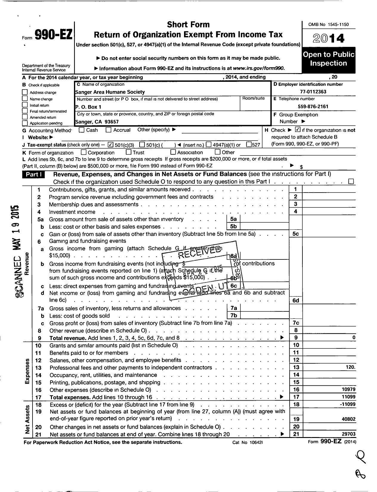 Image of first page of 2014 Form 990EZ for Sanger Area Humane Society