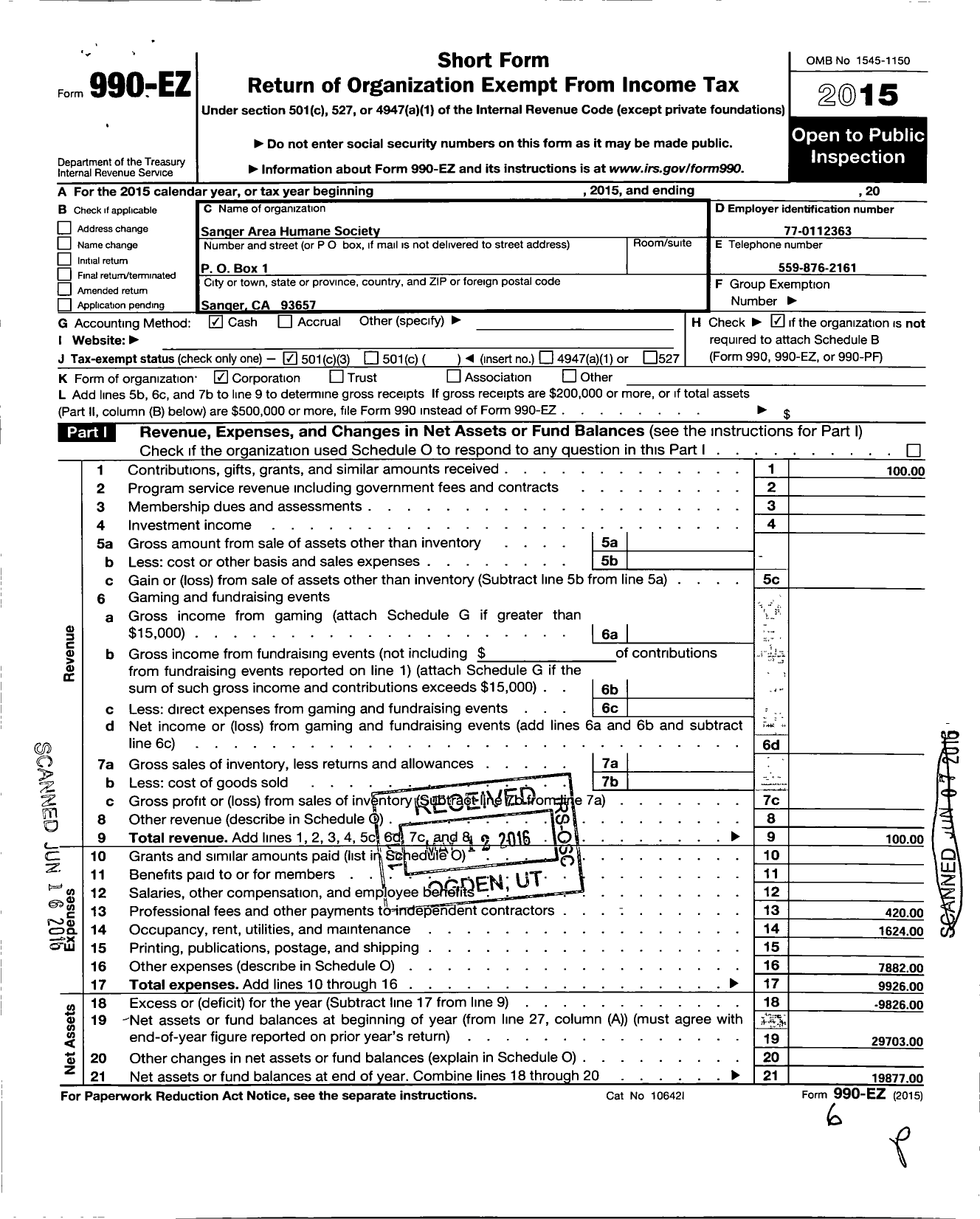 Image of first page of 2015 Form 990EZ for Sanger Area Humane Society