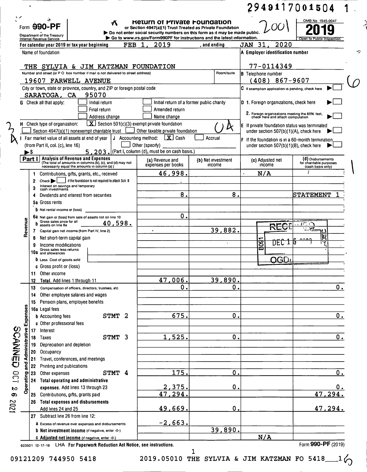 Image of first page of 2019 Form 990PF for The Sylvia and Jim Katzman Foundation