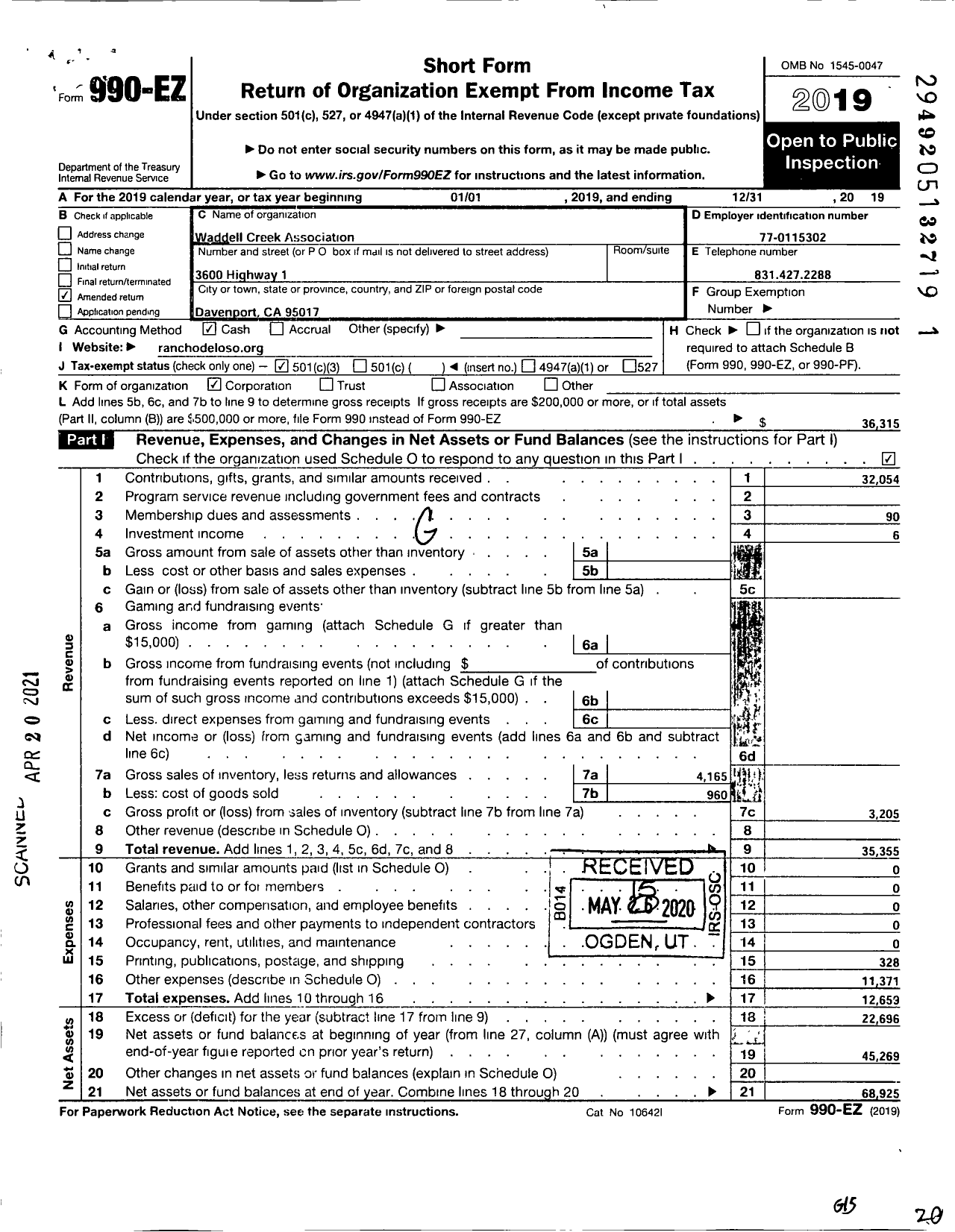 Image of first page of 2019 Form 990EZ for Waddell Creek Association