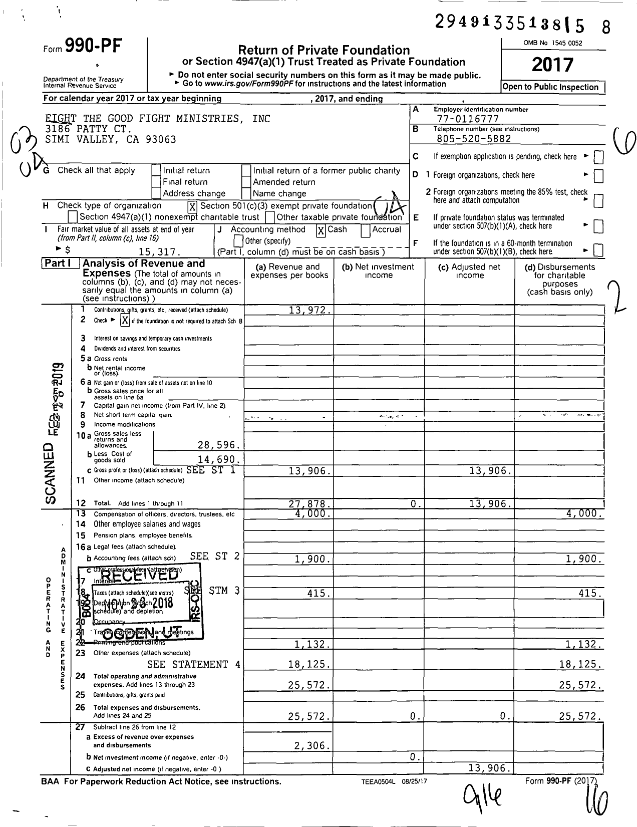 Image of first page of 2017 Form 990PF for Fight The Good Fight Ministries