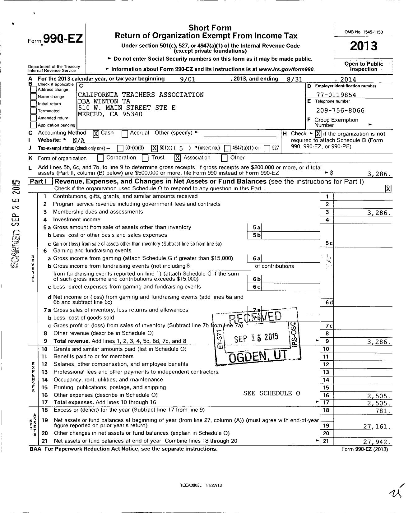 Image of first page of 2013 Form 990EO for California Teachers Association / Winton Teachers Assoc