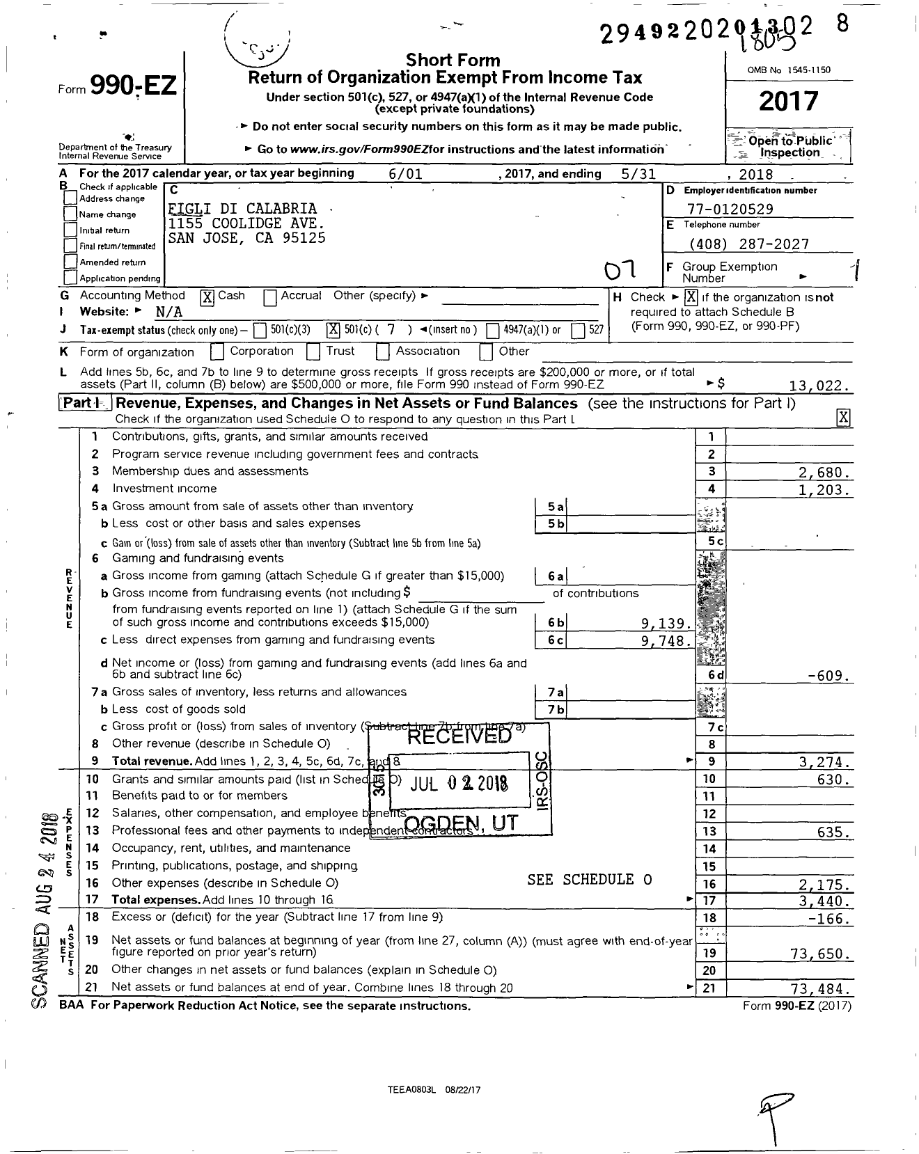 Image of first page of 2017 Form 990EO for Figli Di Calabria