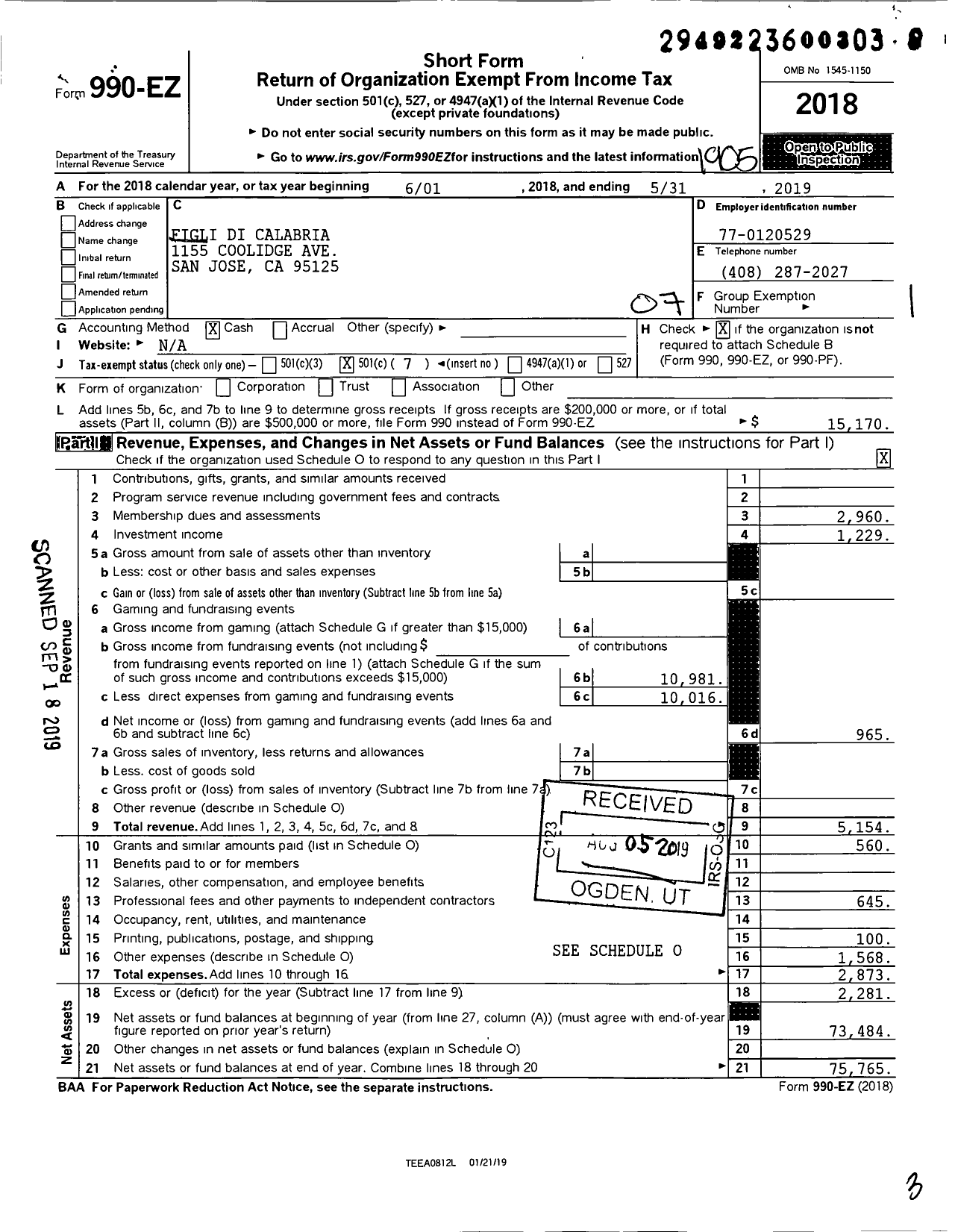 Image of first page of 2018 Form 990EO for Figli Di Calabria