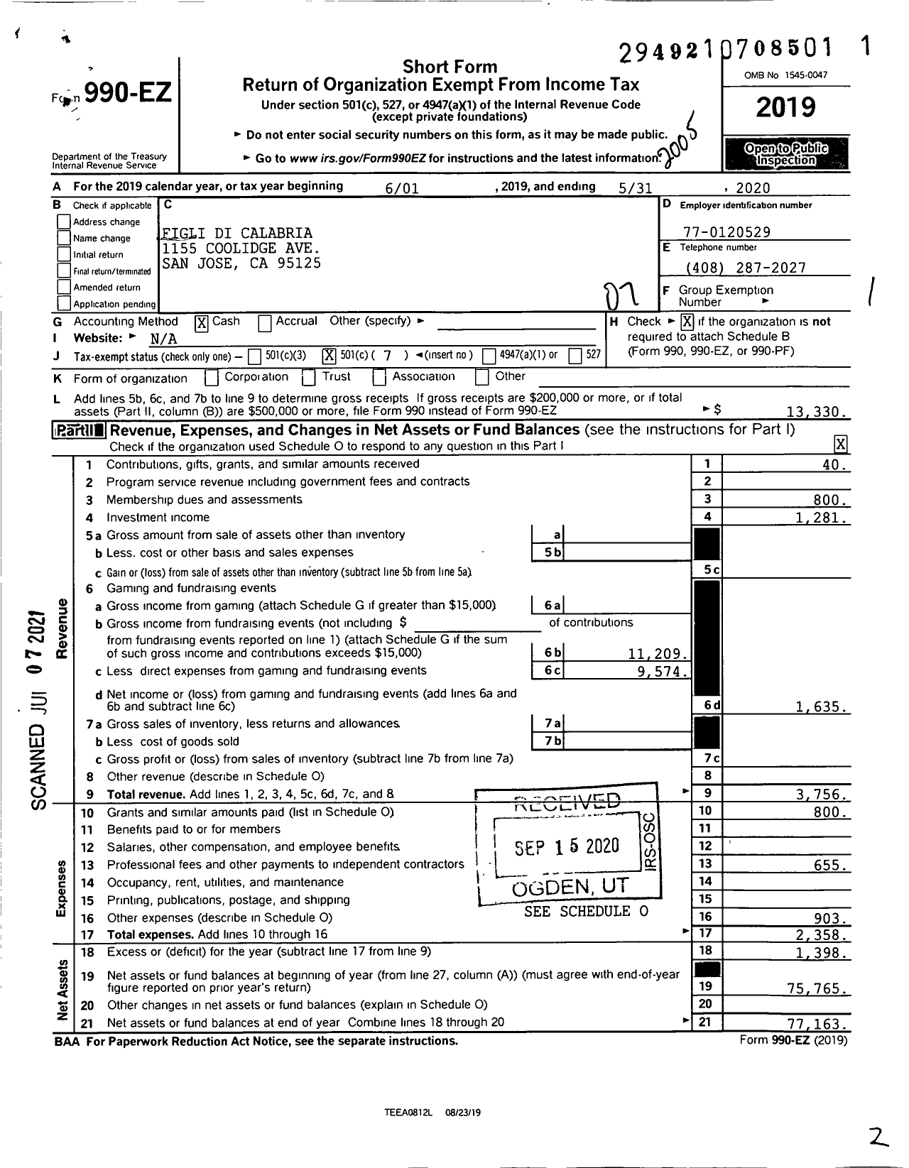 Image of first page of 2019 Form 990EO for Figli Di Calabria