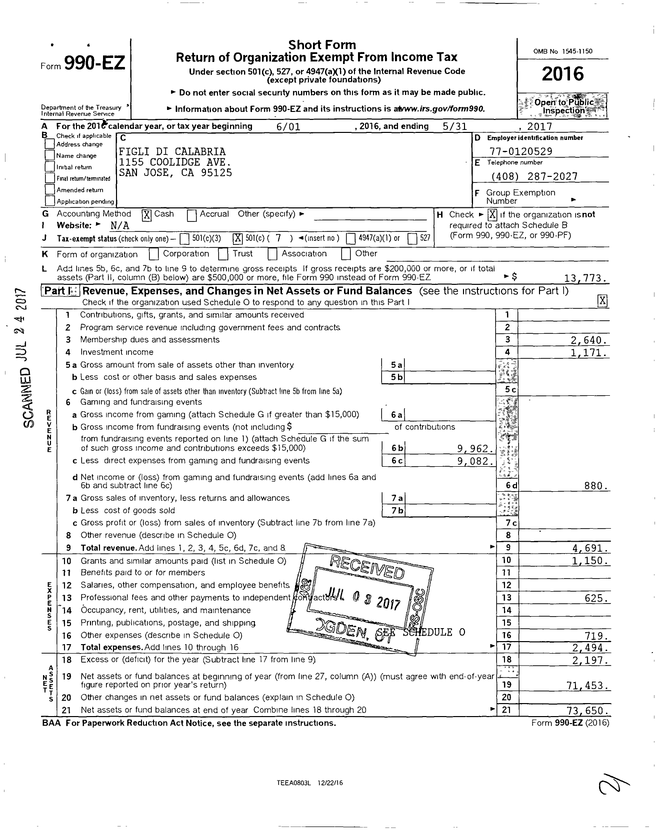 Image of first page of 2016 Form 990EO for Figli Di Calabria