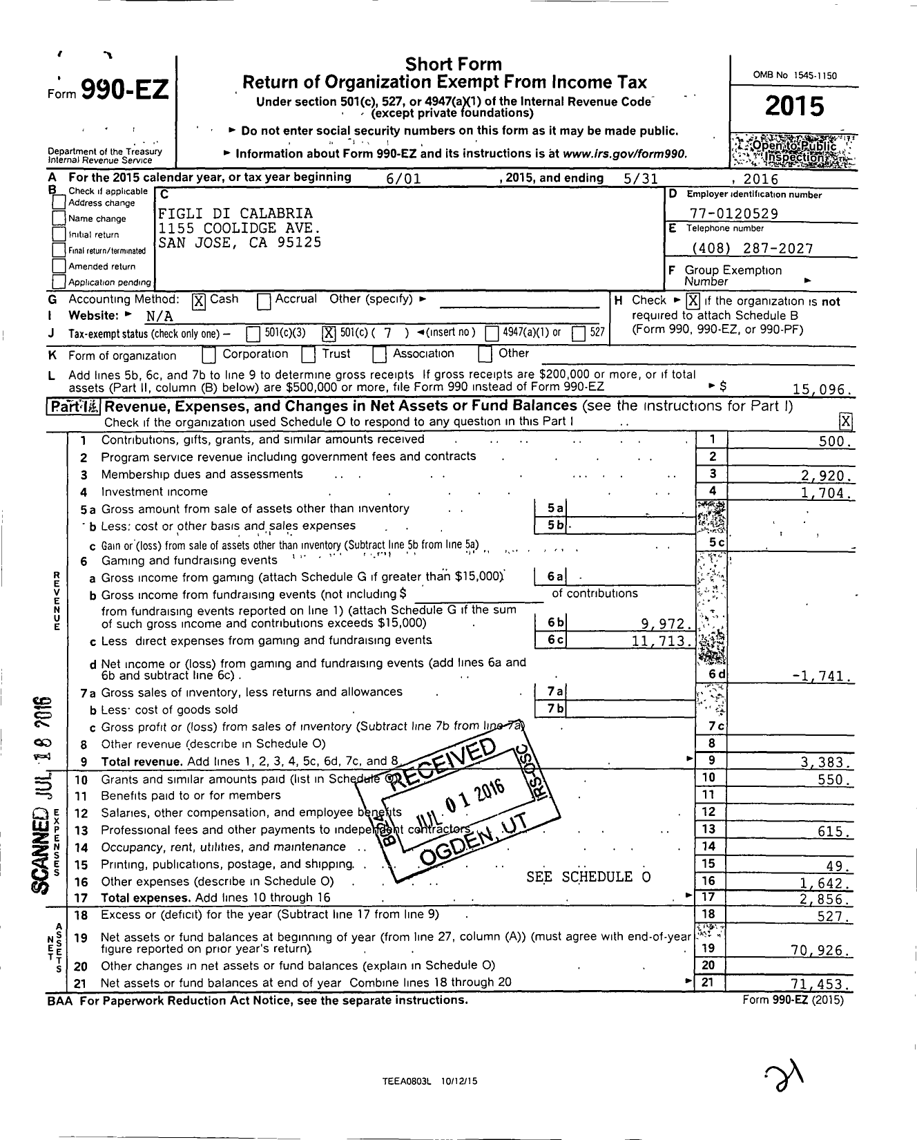 Image of first page of 2015 Form 990EO for Figli Di Calabria