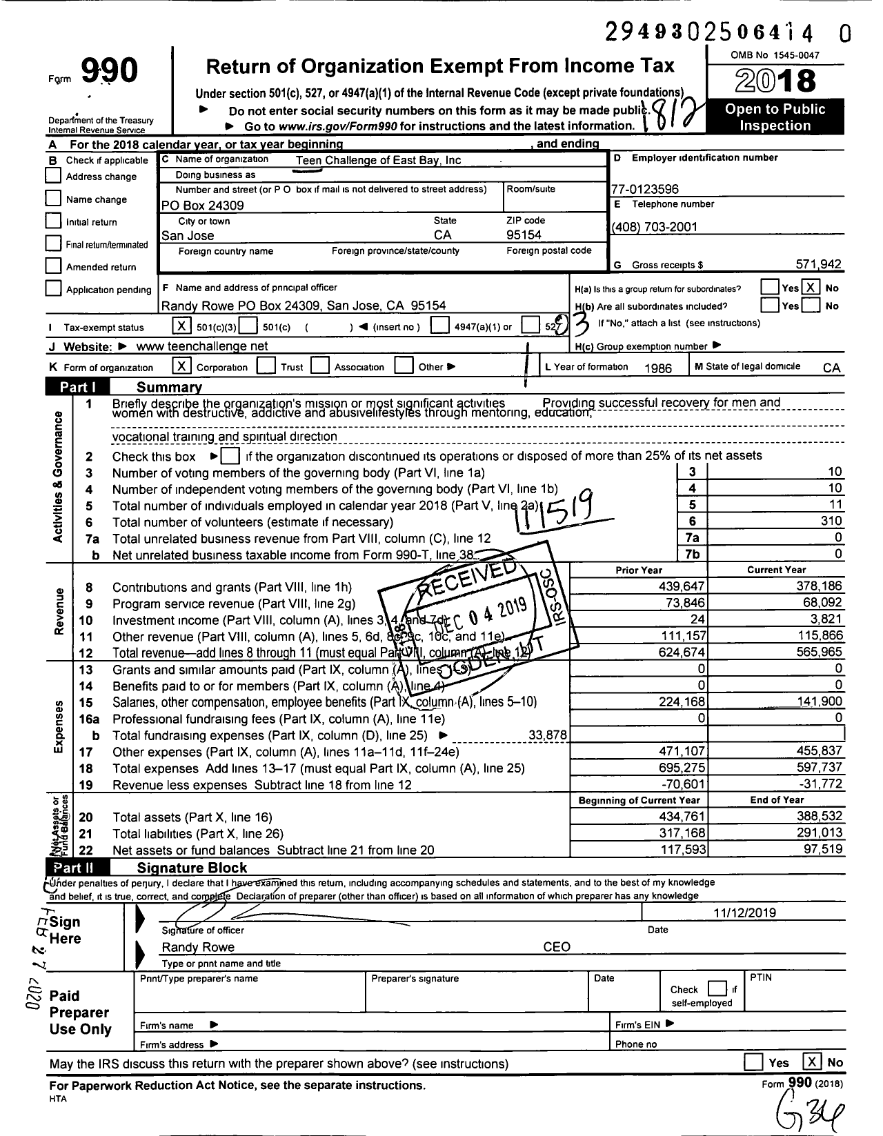 Image of first page of 2018 Form 990 for Teen Challenge of East Bay