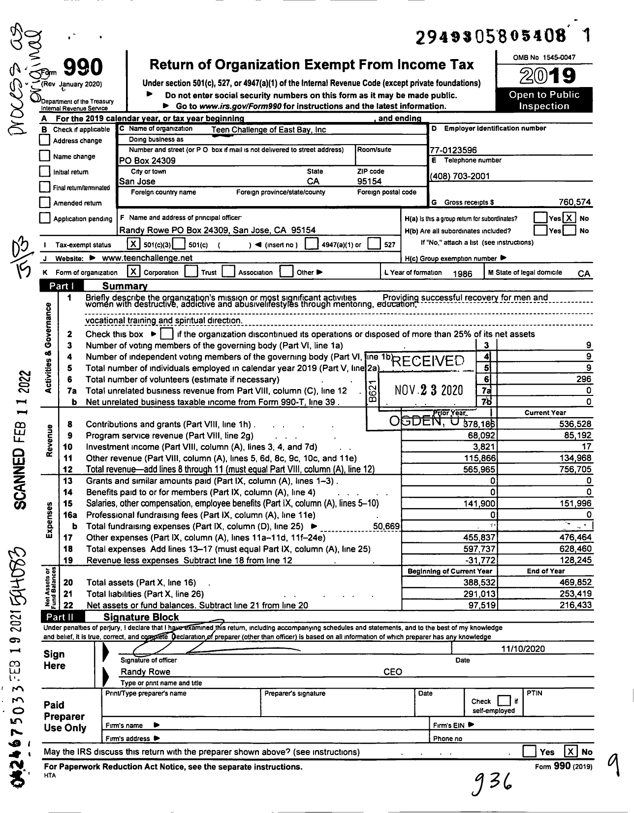 Image of first page of 2019 Form 990 for Teen Challenge of East Bay