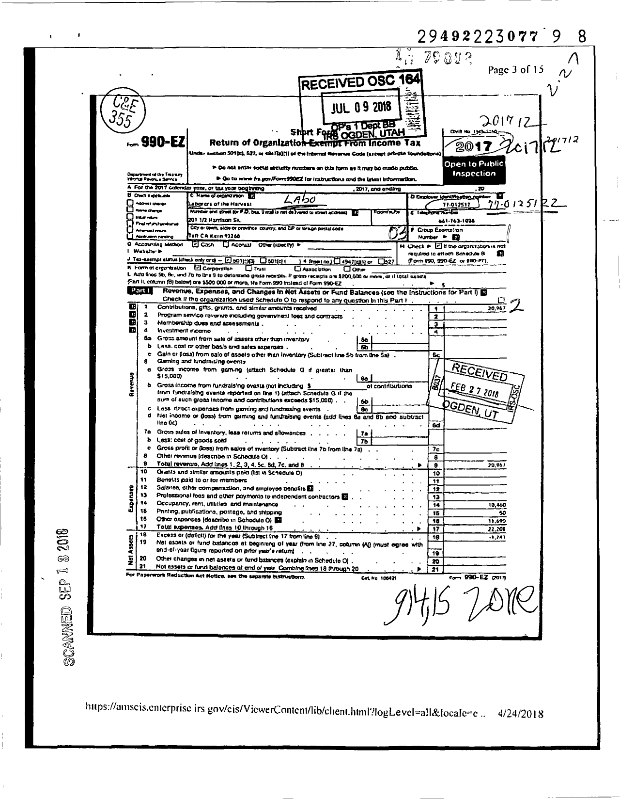 Image of first page of 2017 Form 990EZ for Laborers of the Harvest