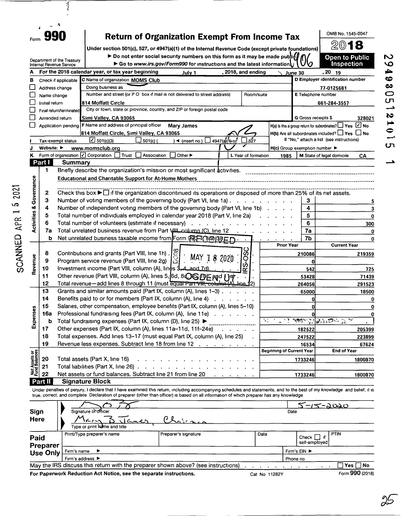 Image of first page of 2018 Form 990 for Moms Club