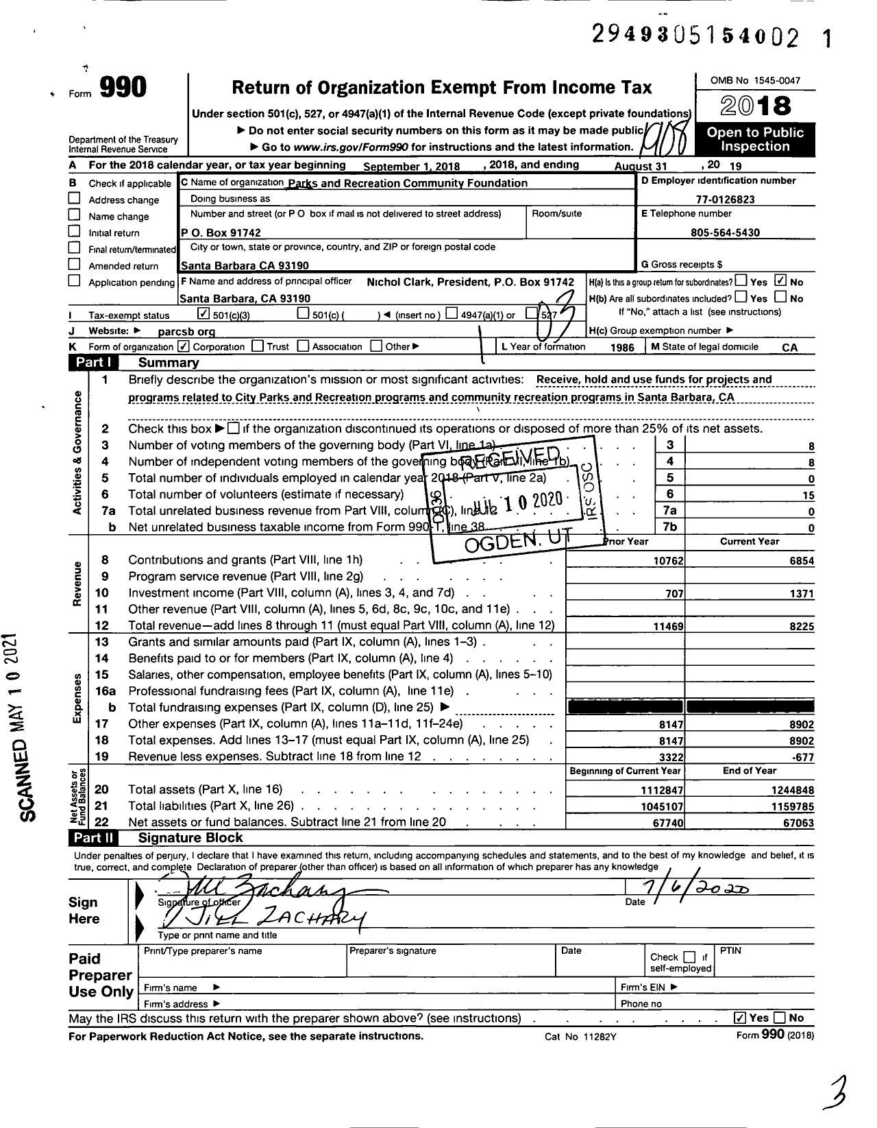 Image of first page of 2018 Form 990 for Parc Foundation / Parks and Recreation Community Foundation