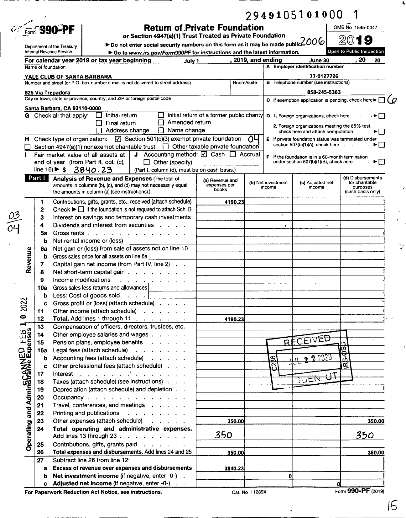 Image of first page of 2019 Form 990PF for Yale Club of Santa Barbara