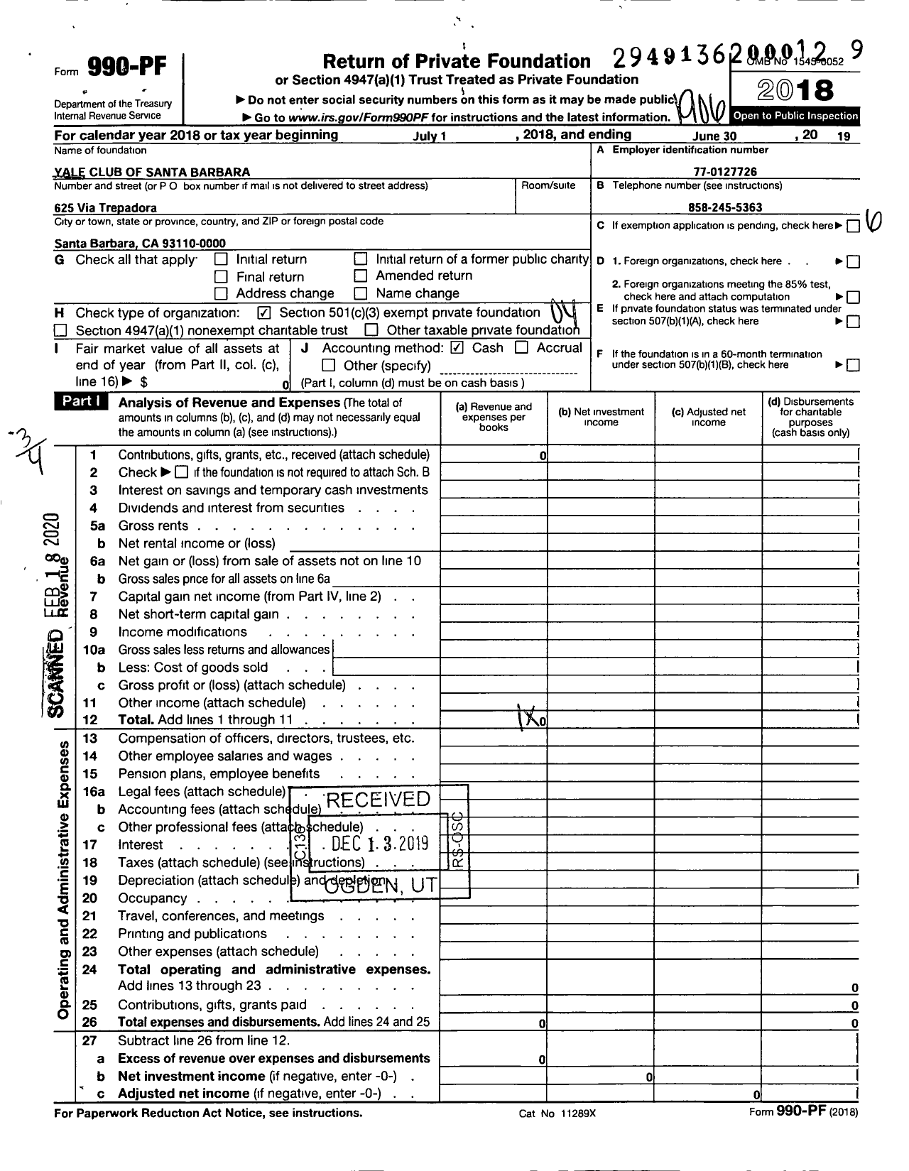 Image of first page of 2018 Form 990PF for Yale Club of Santa Barbara