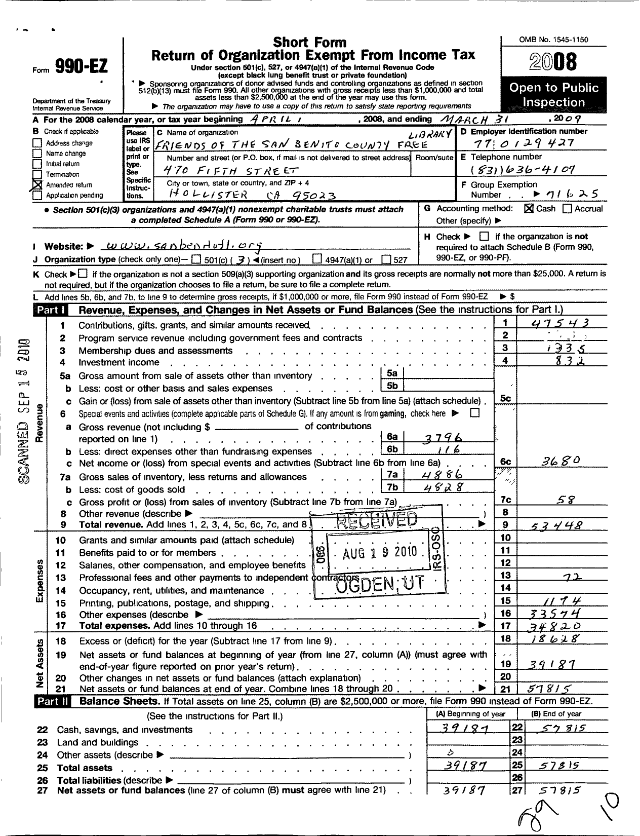 Image of first page of 2008 Form 990EZ for Friends of the San Benito County Free Library