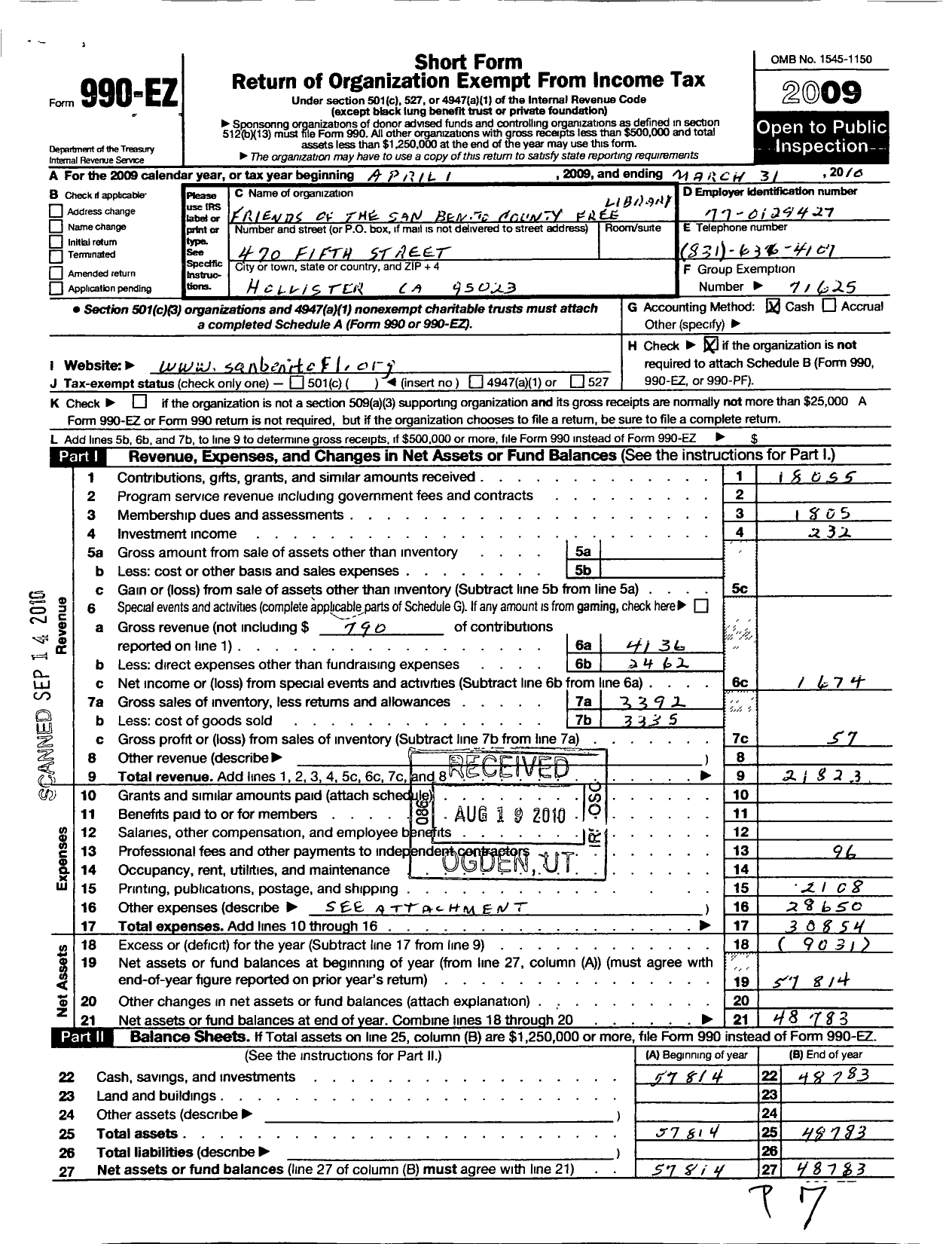 Image of first page of 2009 Form 990EO for Friends of the San Benito County Free Library