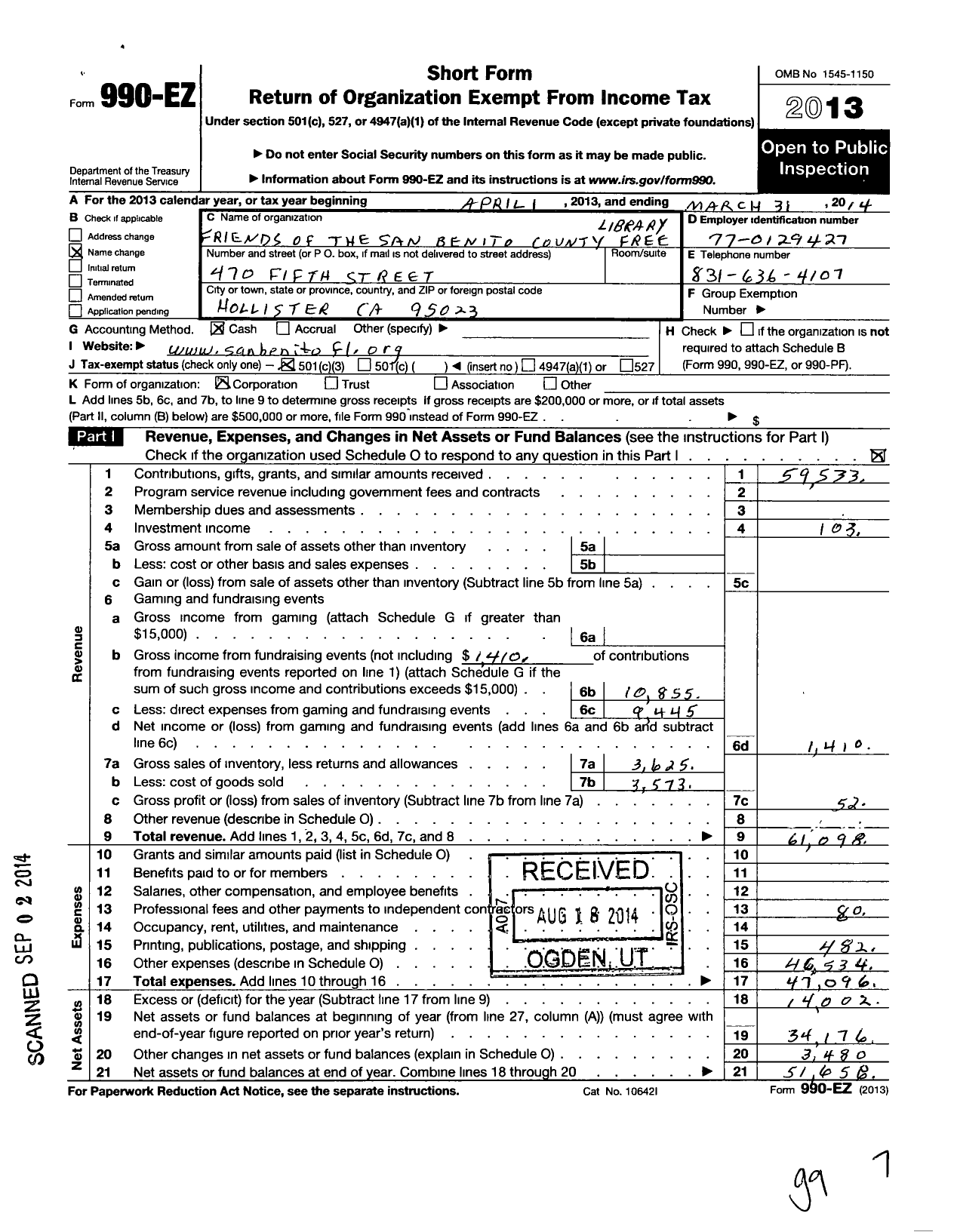 Image of first page of 2013 Form 990EZ for Friends of the San Benito County Free Library