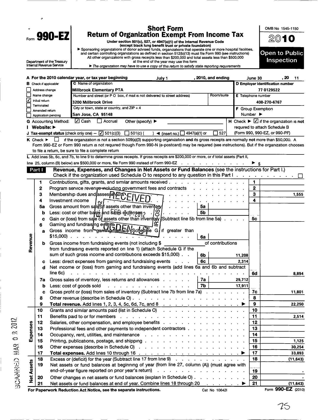 Image of first page of 2010 Form 990EZ for California State PTA - 3569 Millbrook Elementary PTA