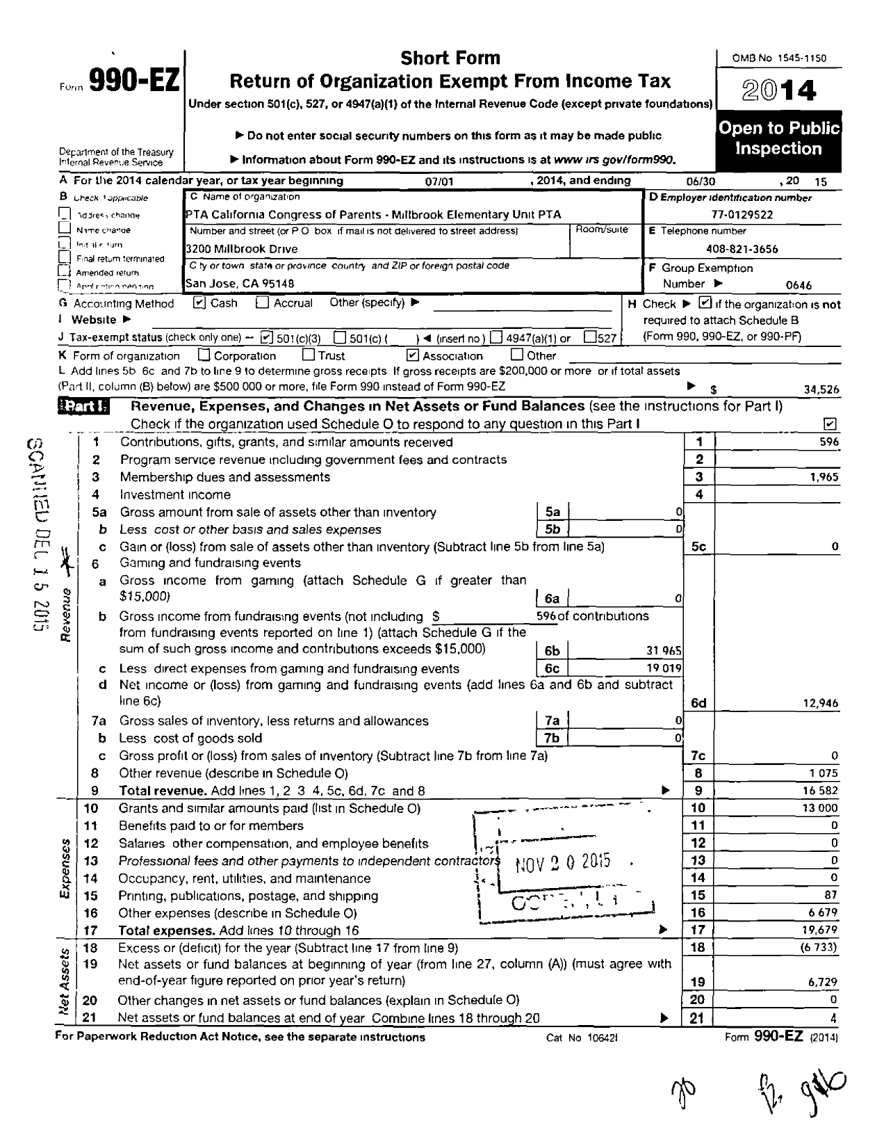 Image of first page of 2014 Form 990EZ for California State PTA - 3569 Millbrook Elementary PTA