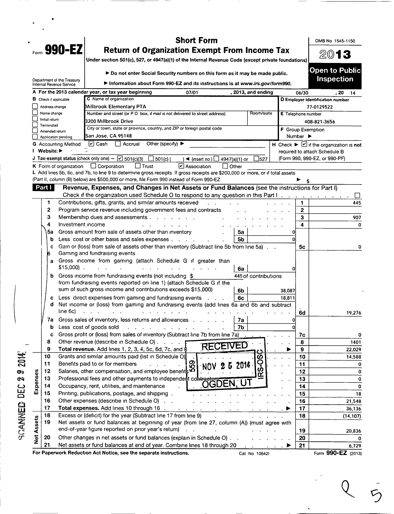 Image of first page of 2013 Form 990EZ for California State PTA - 3569 Millbrook Elementary PTA