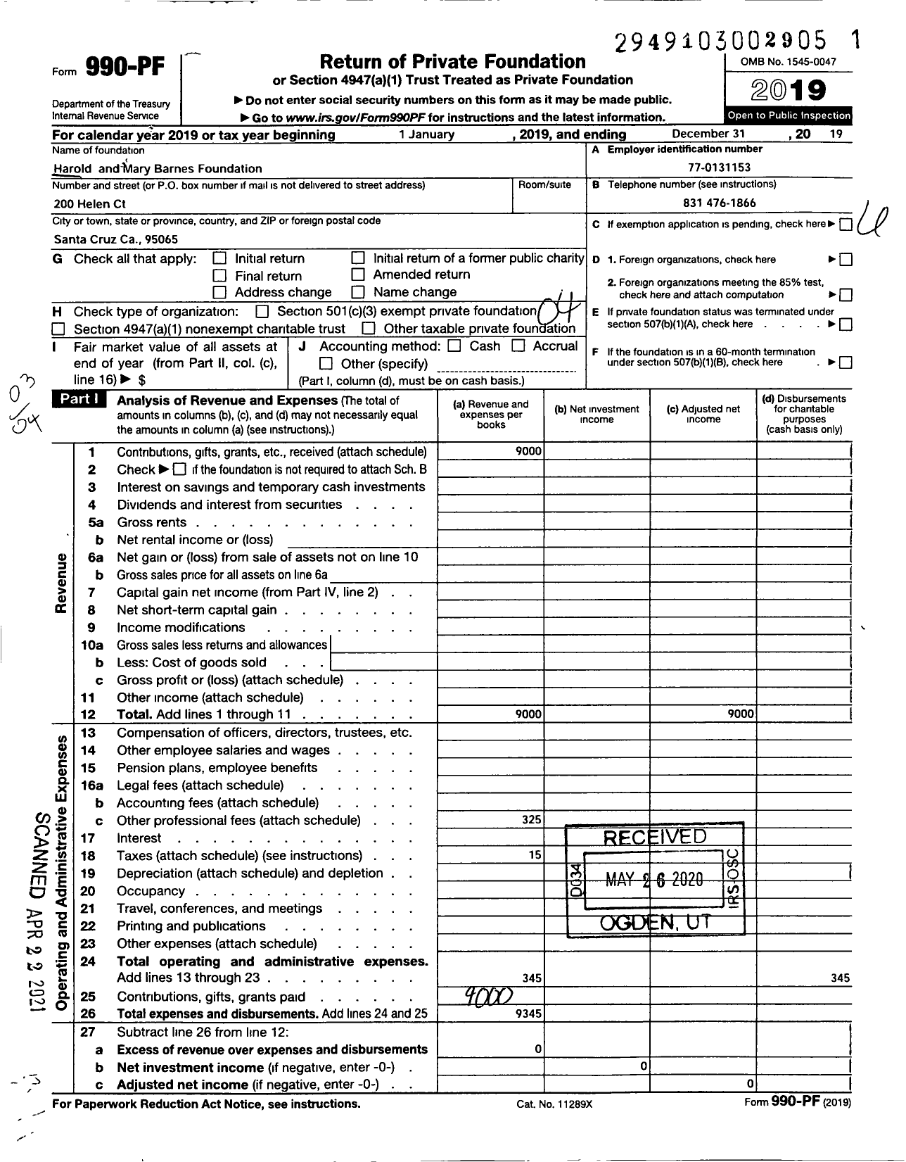 Image of first page of 2019 Form 990PF for Harold and Mary Barnes Foundation