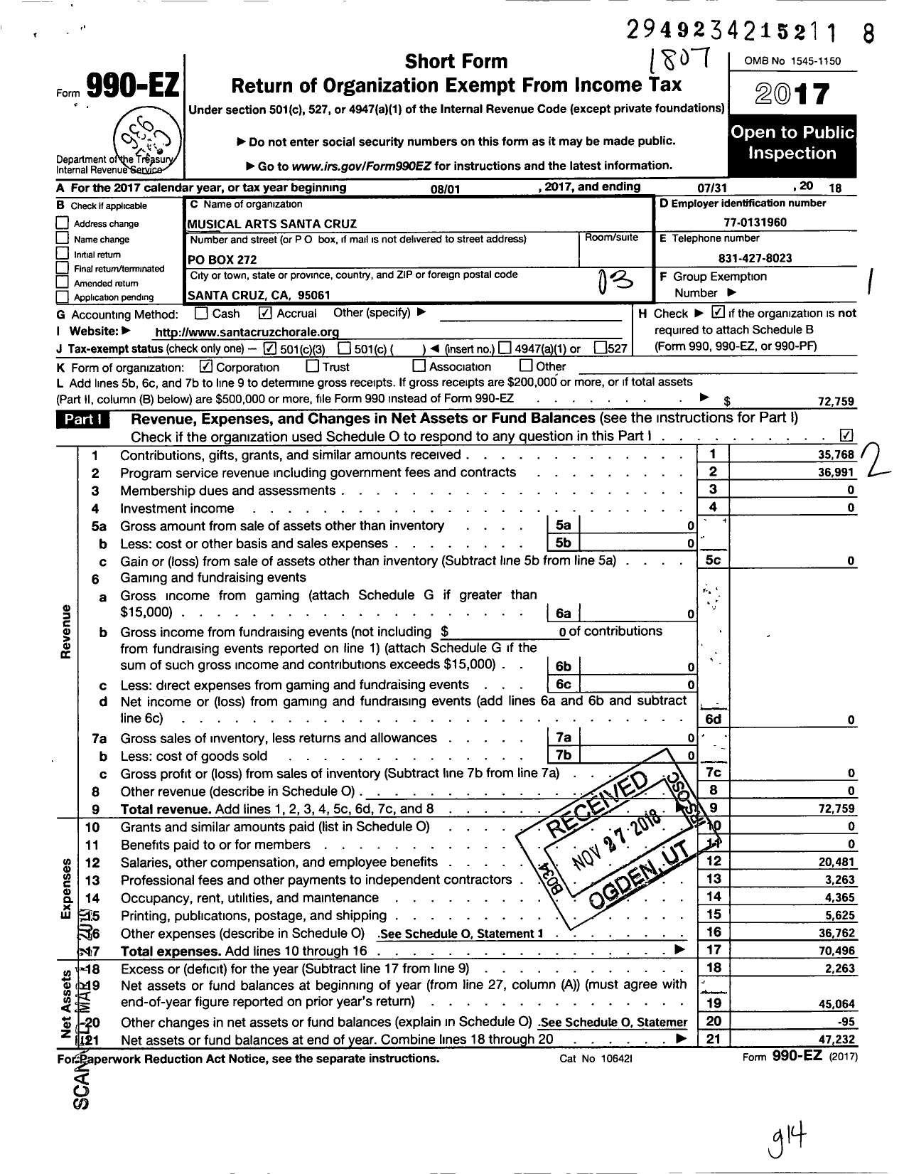 Image of first page of 2017 Form 990EZ for The Santa Cruz Chorale Musical Arts Santa Cruz