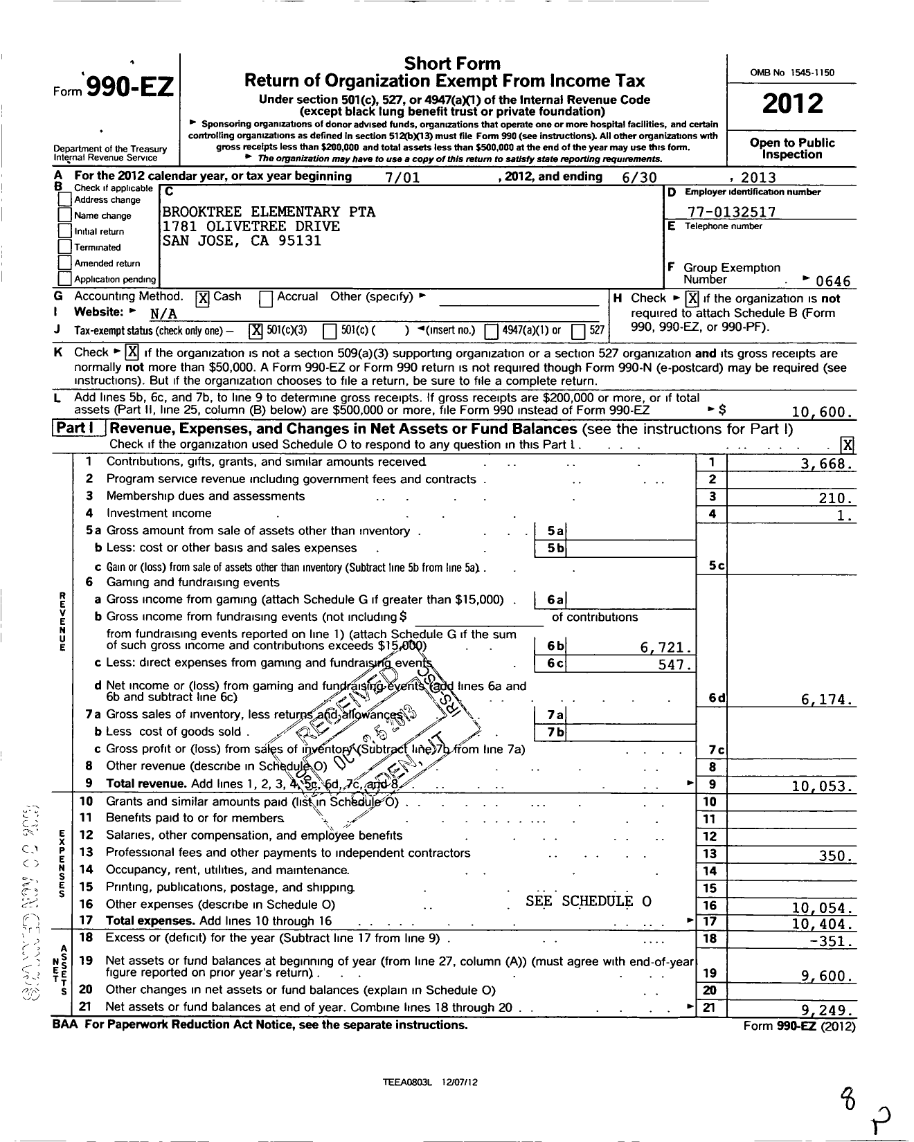 Image of first page of 2012 Form 990EZ for California State PTA - Brooktree Elementary PTA