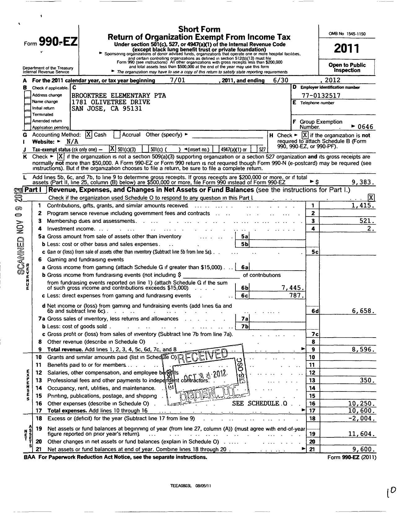 Image of first page of 2011 Form 990EZ for California State PTA - Brooktree Elementary PTA