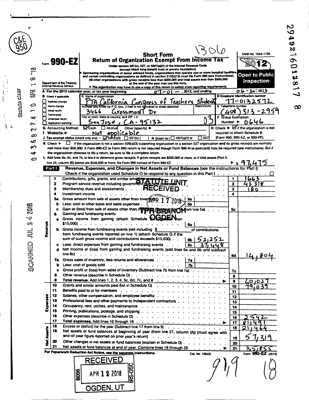 Image of first page of 2012 Form 990EZ for California State PTA - Noble Elementary PTA