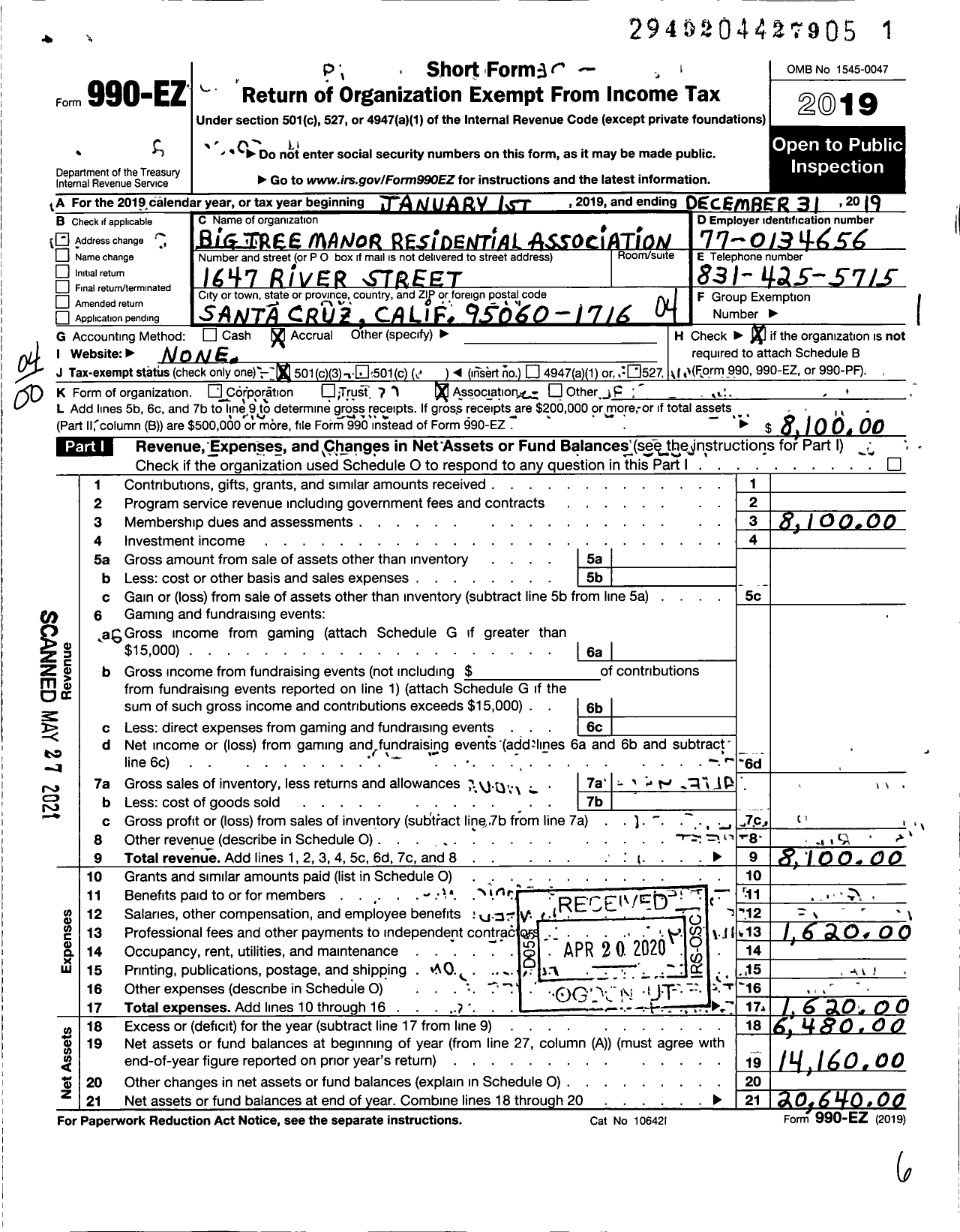 Image of first page of 2019 Form 990EO for Big Tree Manor Residential Association