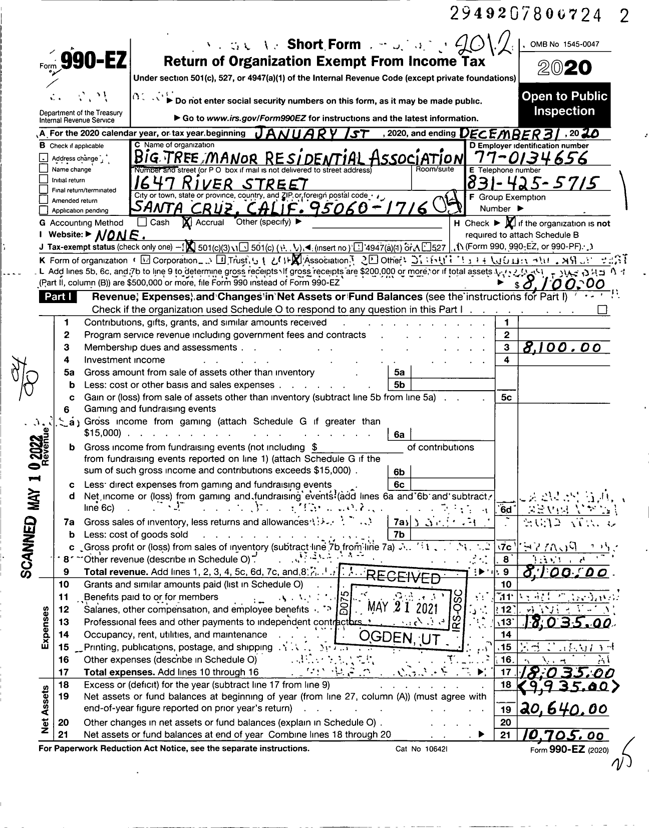 Image of first page of 2020 Form 990EO for Big Tree Manor Residential Association