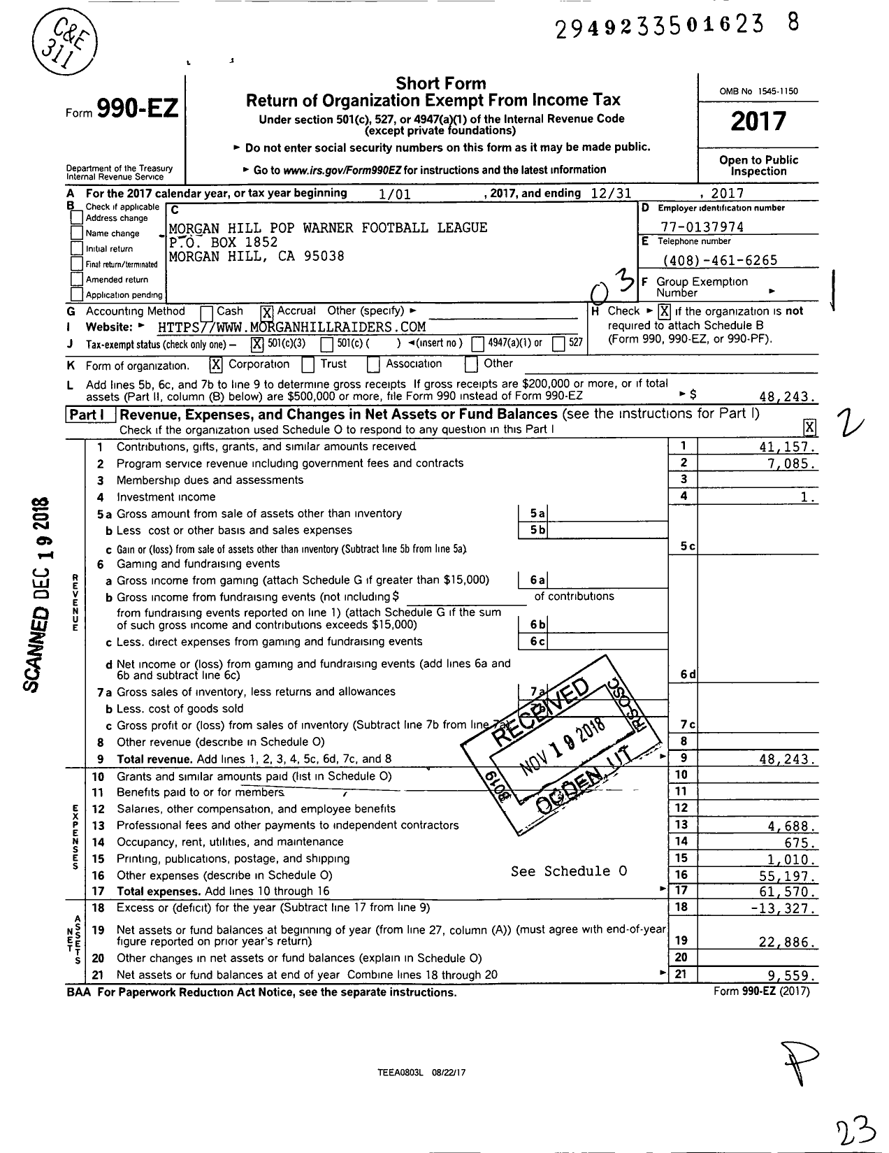 Image of first page of 2017 Form 990EZ for Morgan Hill Pop Warner Football League