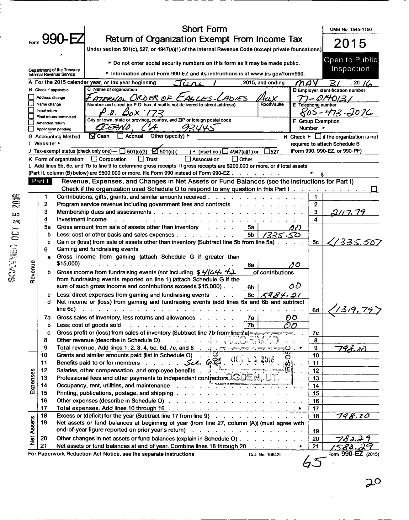 Image of first page of 2015 Form 990EO for Fraternal Order of Eagles - 4153 Aux
