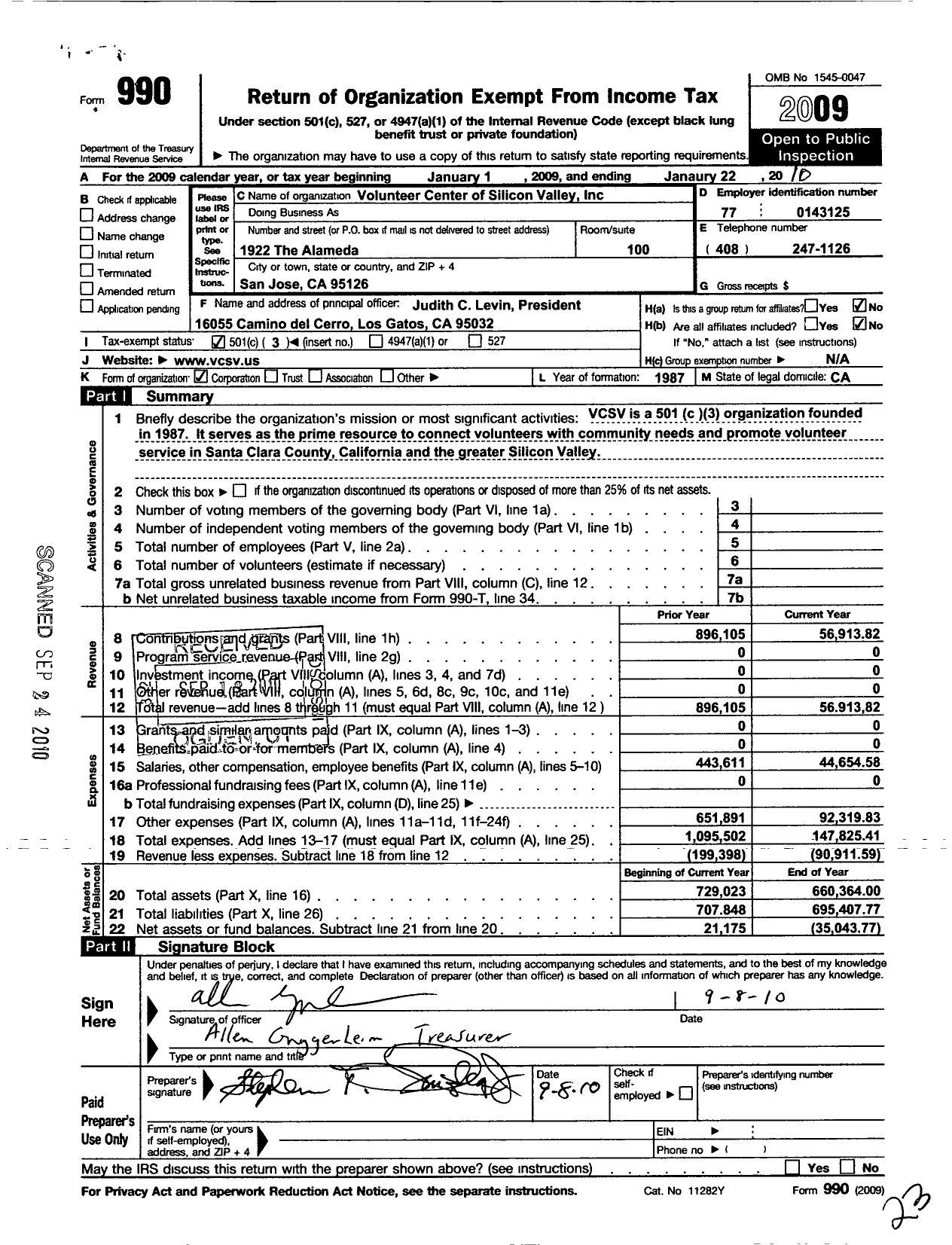 Image of first page of 2009 Form 990 for Volunteer Center of Silicon Valley