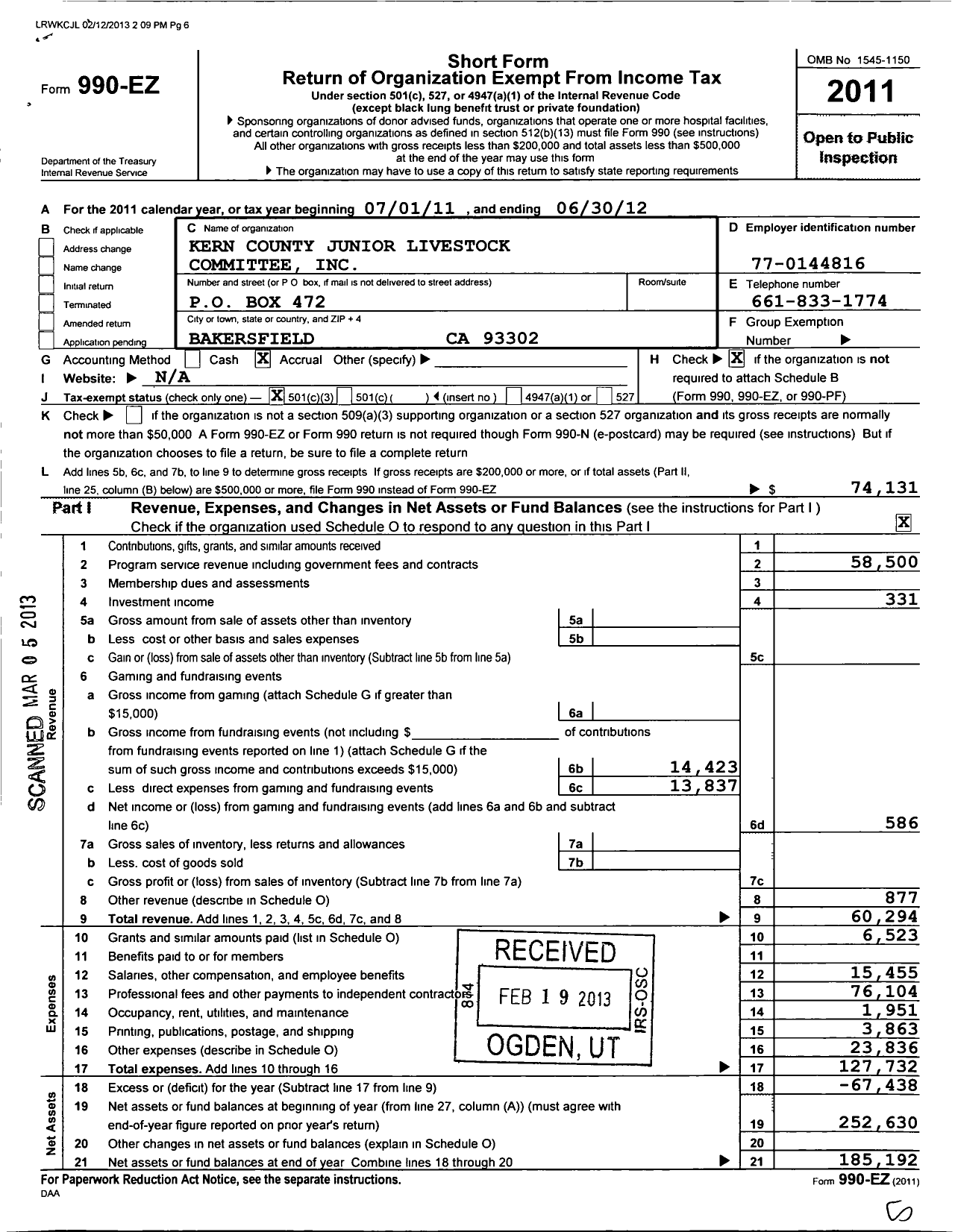 Image of first page of 2011 Form 990EZ for Kern County JR Livestock Committee