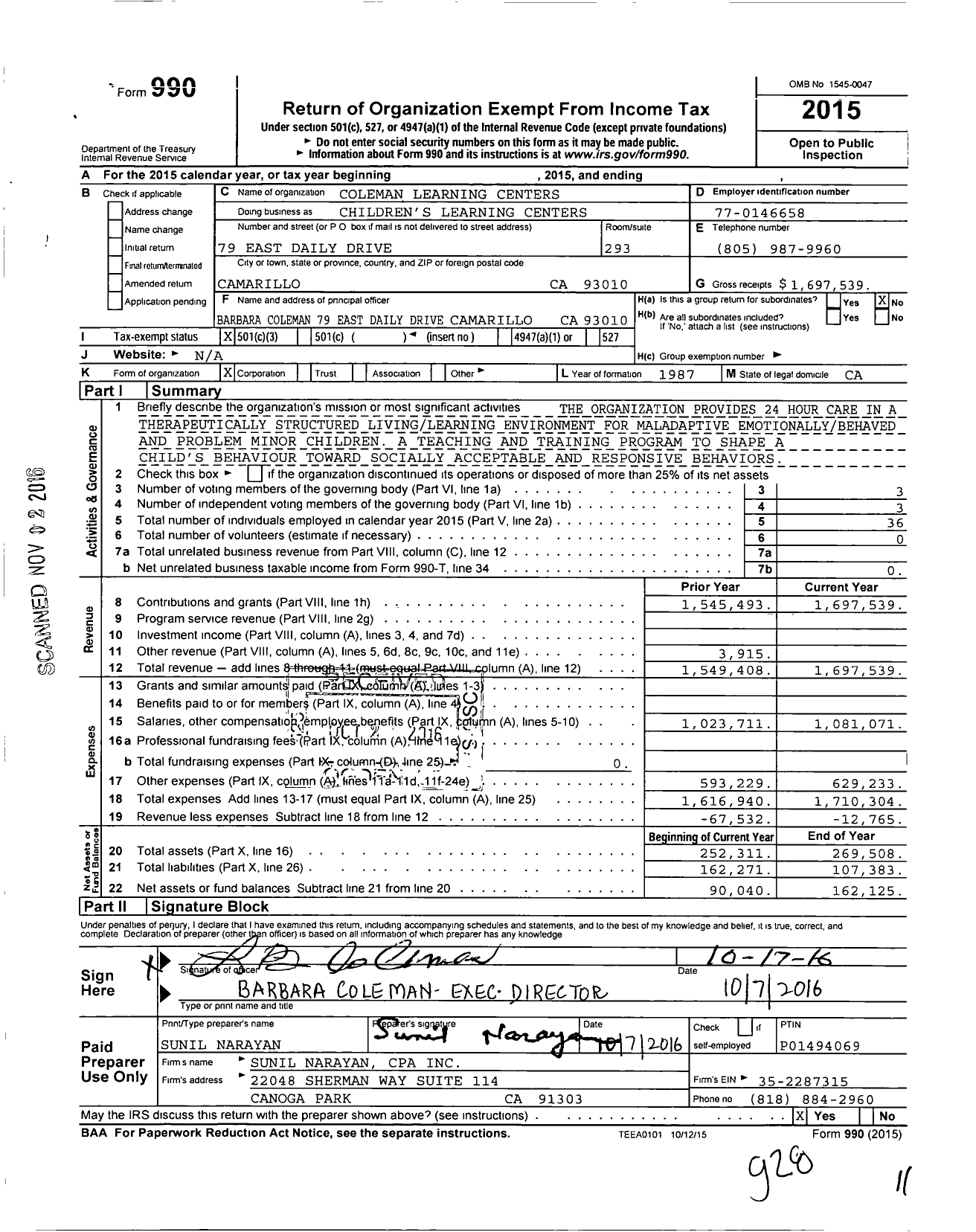 Image of first page of 2015 Form 990 for COLEMAN LEARNING CENTERs