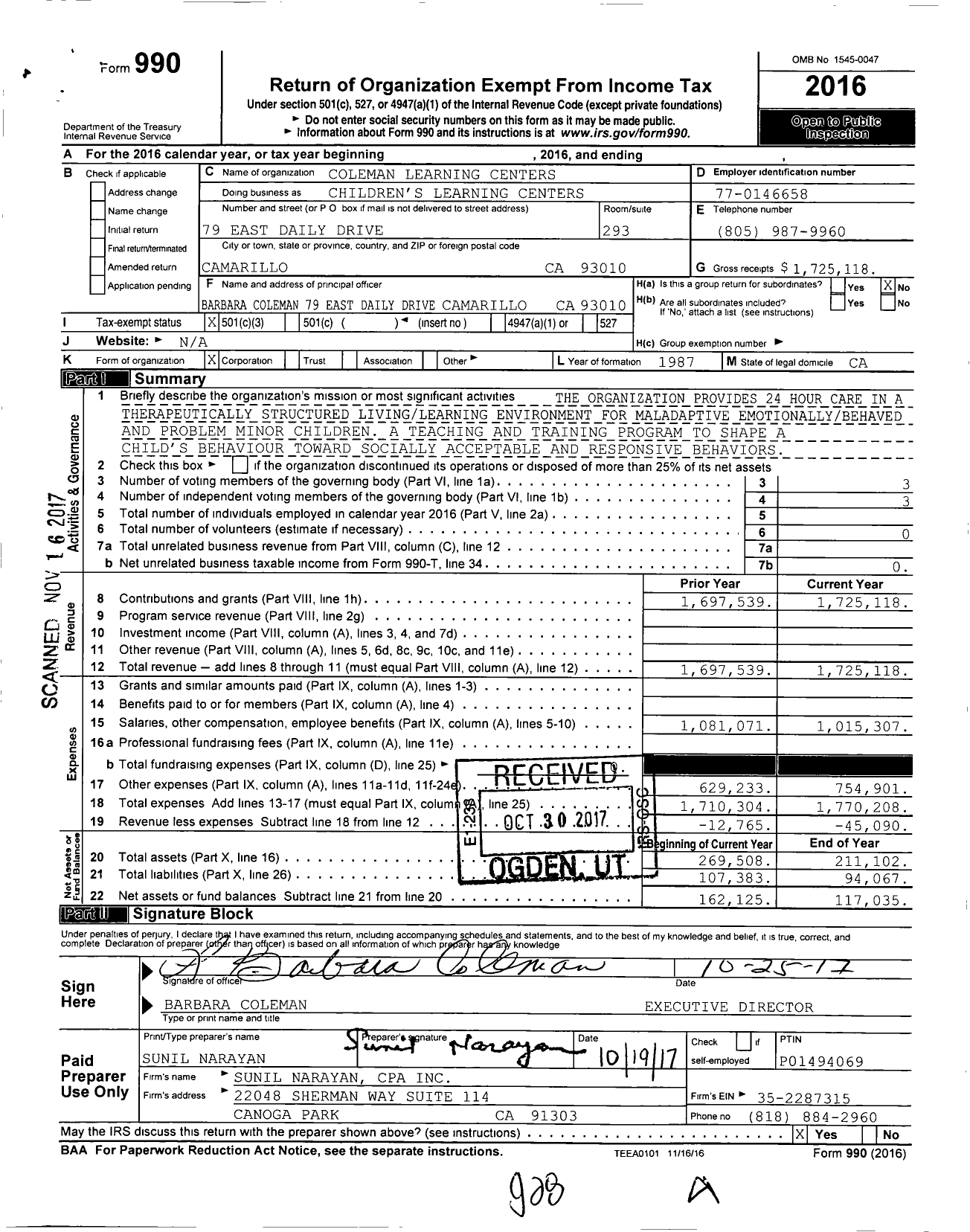 Image of first page of 2016 Form 990 for COLEMAN LEARNING CENTERs