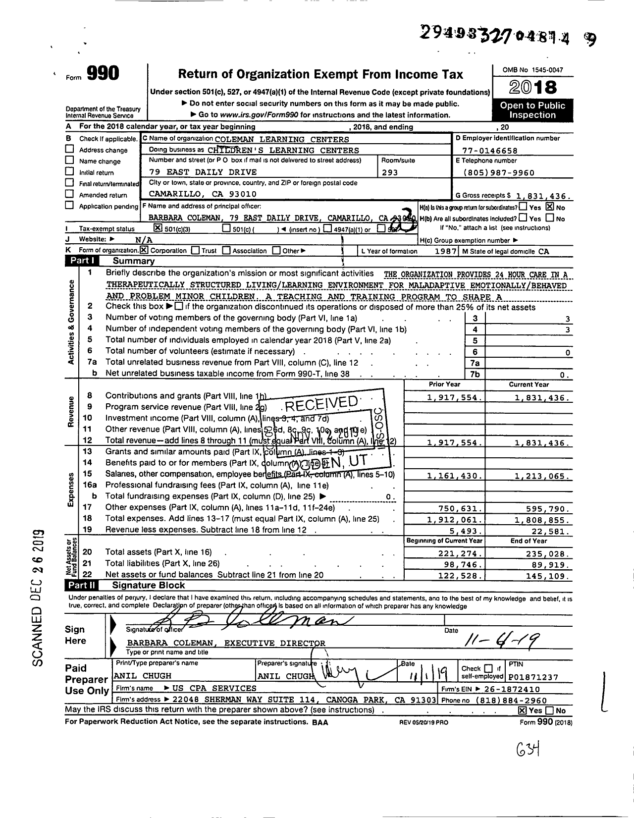 Image of first page of 2018 Form 990 for COLEMAN LEARNING CENTERs