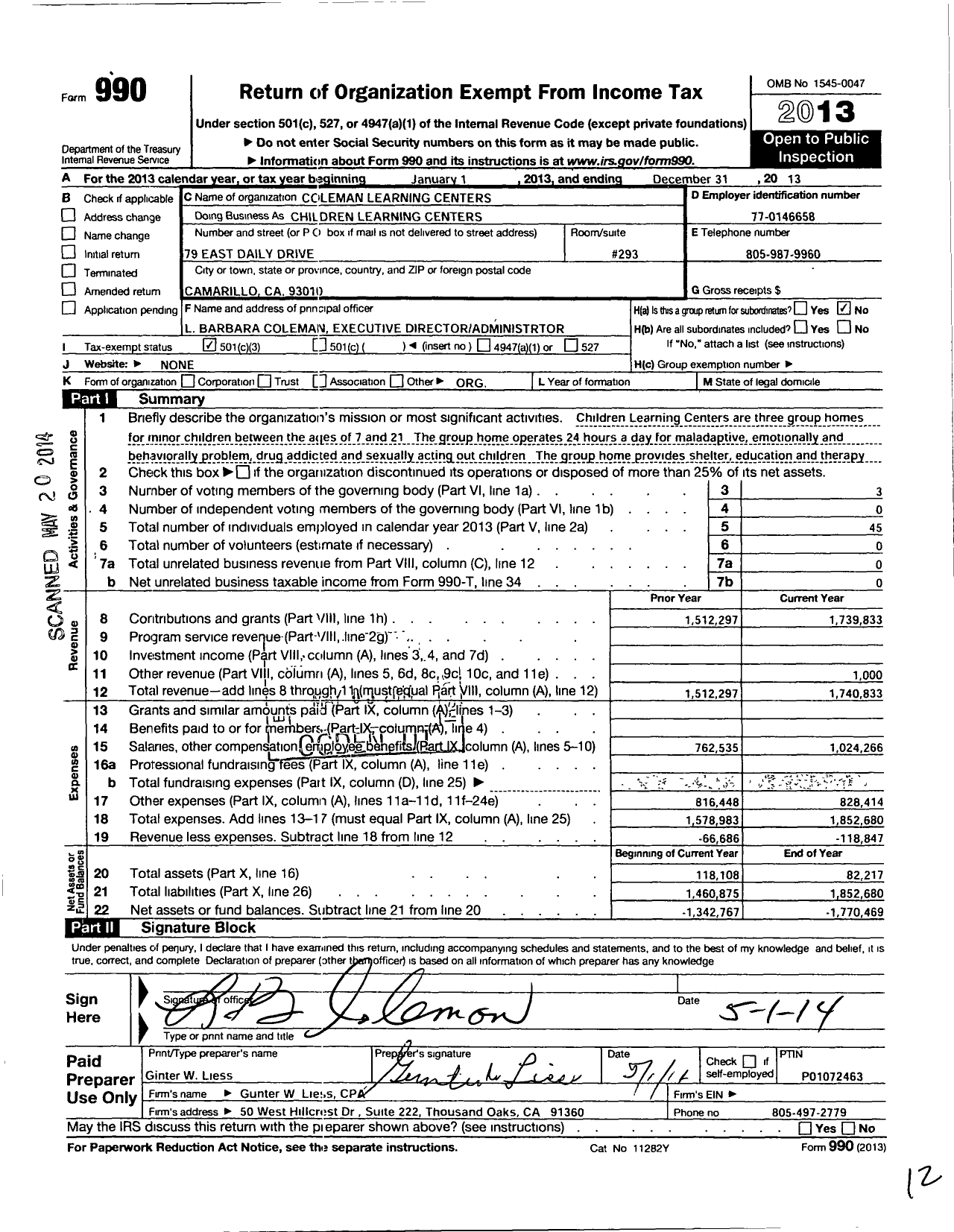 Image of first page of 2013 Form 990 for COLEMAN LEARNING CENTERs